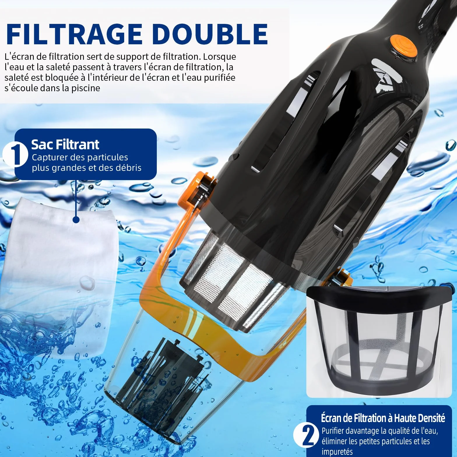 2026 Aspirateur de Piscine à Batterie Rechargeable, Aspirateur à Main sans Fil, 60 Minutes d'Autonomie Nettoyeur Électrique pour Piscine, Jacuzzi, Spa, Noir