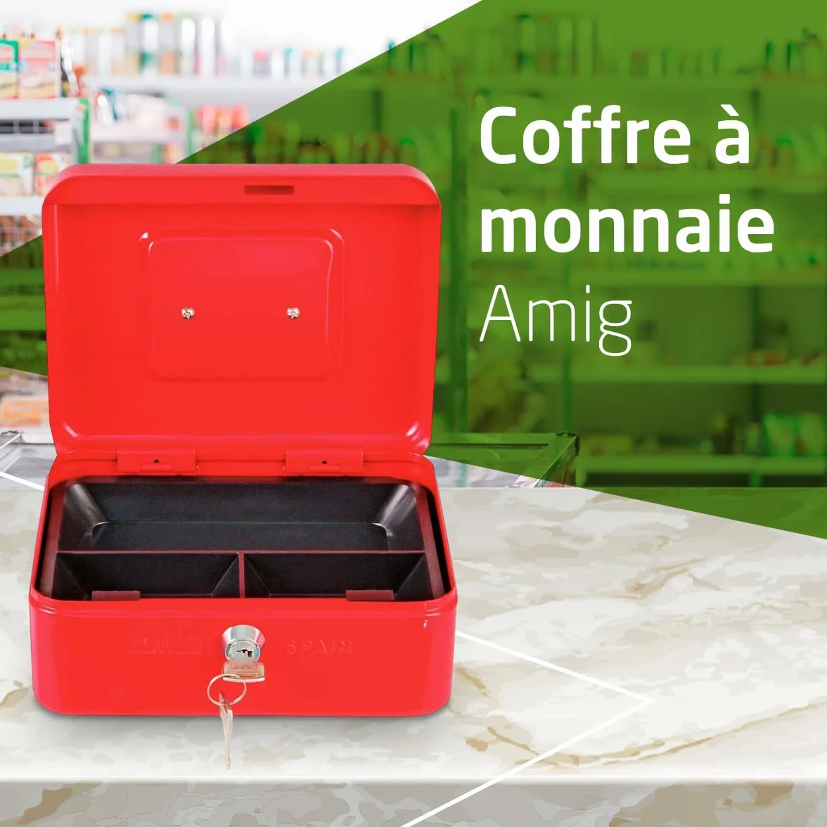 Amig Coffre-fort Acier Rouge 150 x 110 x 70 mm avec Plateau à monnaie et 2 clés