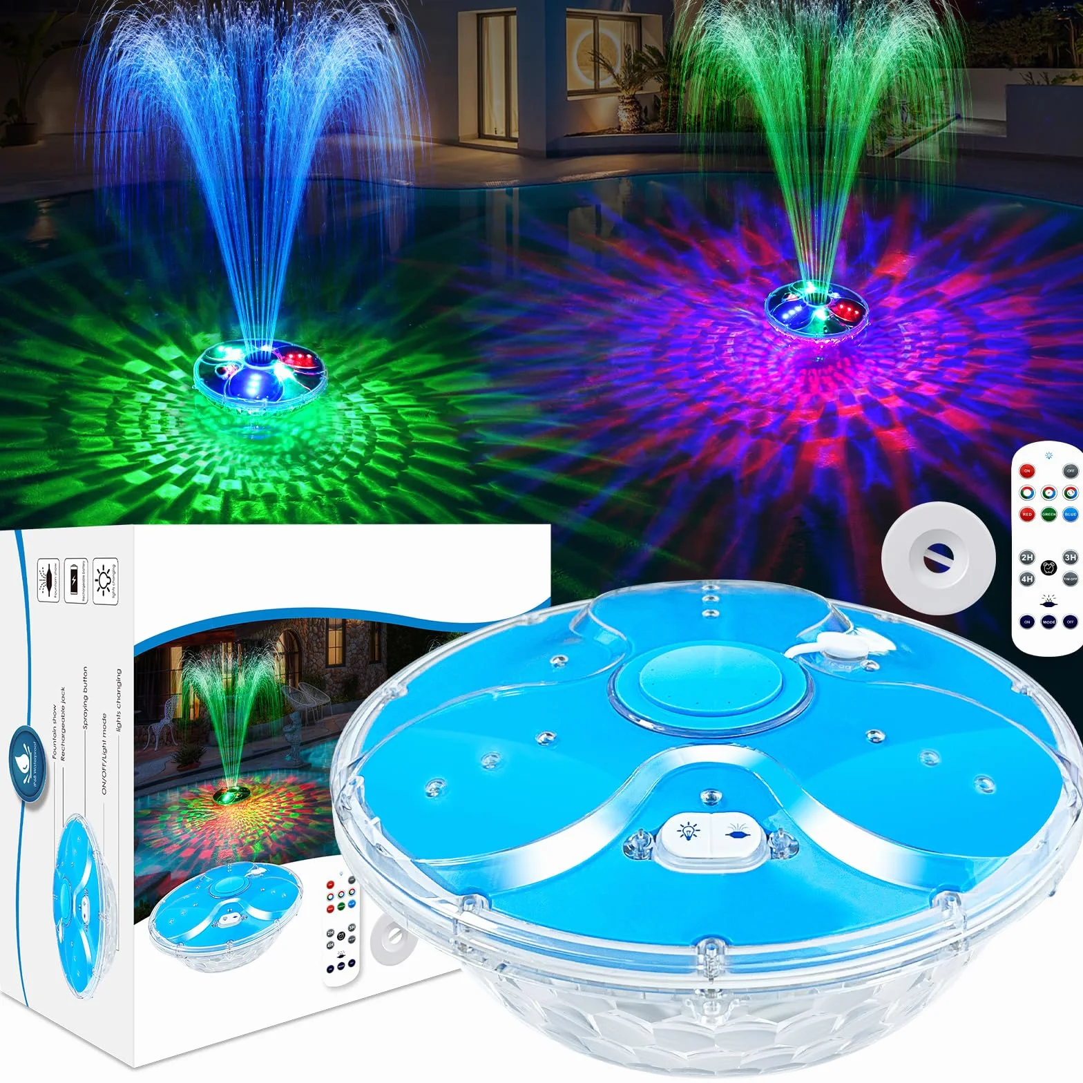 DeeprBling Fontaine Flottante Piscine avec Lumière, Télécommande, 2 Modes de Pulvérisation, 7 Modes de Lumière, pour Piscine Hors Sol