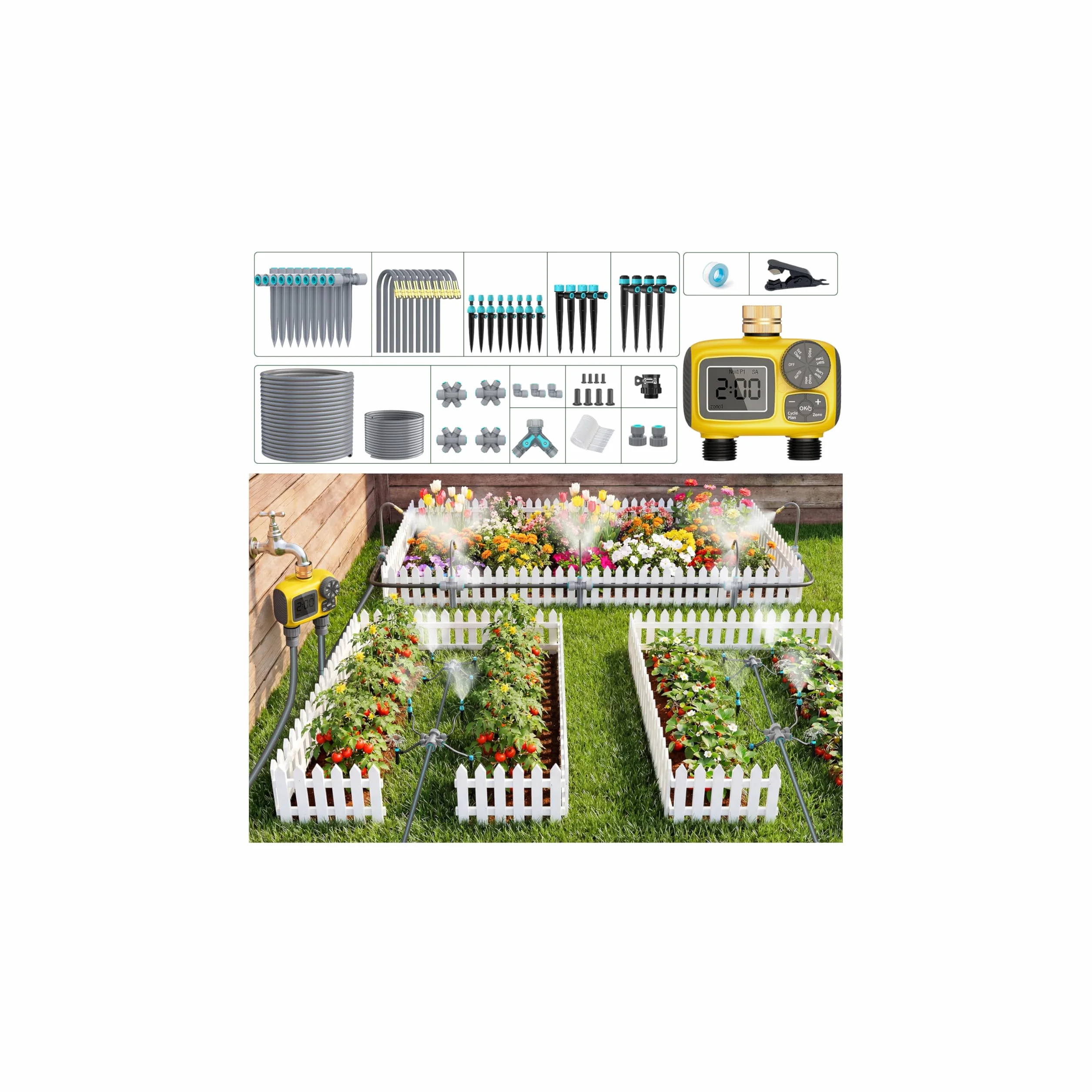 Kit d'irrigation goutte à goutte automatique 52 m avec programmateur 2 sorties d'eau