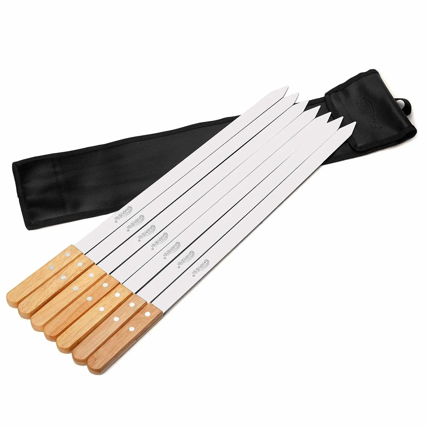 Goutime brochettes pour barbecue,Brochettes extra longues de 60cm en acier inoxydable avec Poignée en chêne massif,ensemble de 7