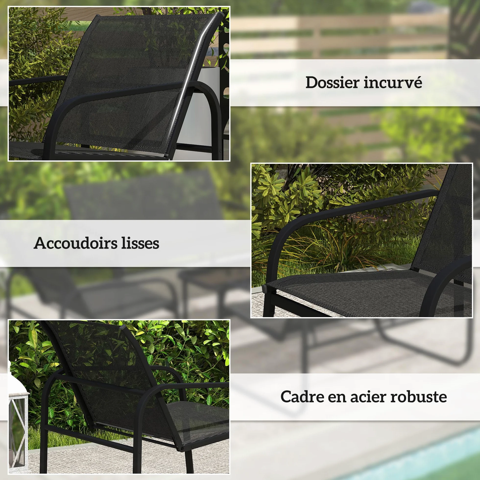 Outsunny Salon de Jardin 5 pièces Acier textilène 2 fauteuils canapés Table Basse Verre trempé Gris