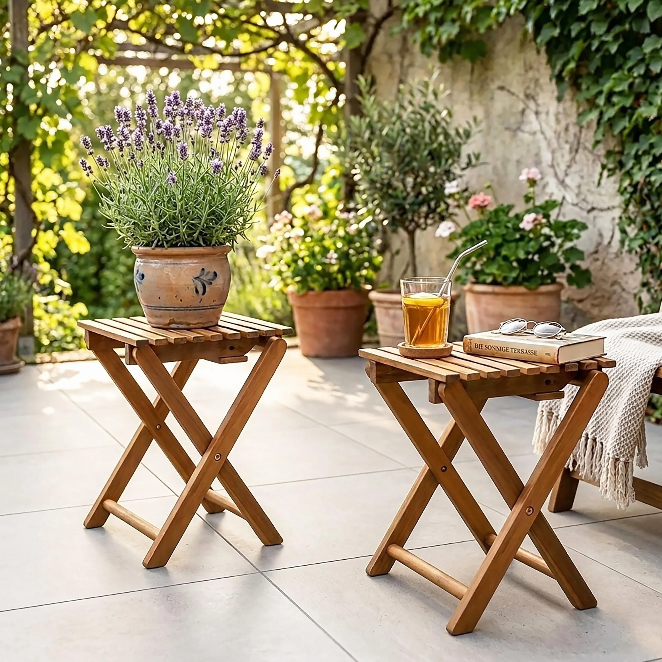 Spetebo Lot de 2 tabourets pliants en acacia naturel huilé 37 x 29 cm – Tabouret à fleurs en bois pliable au look teck