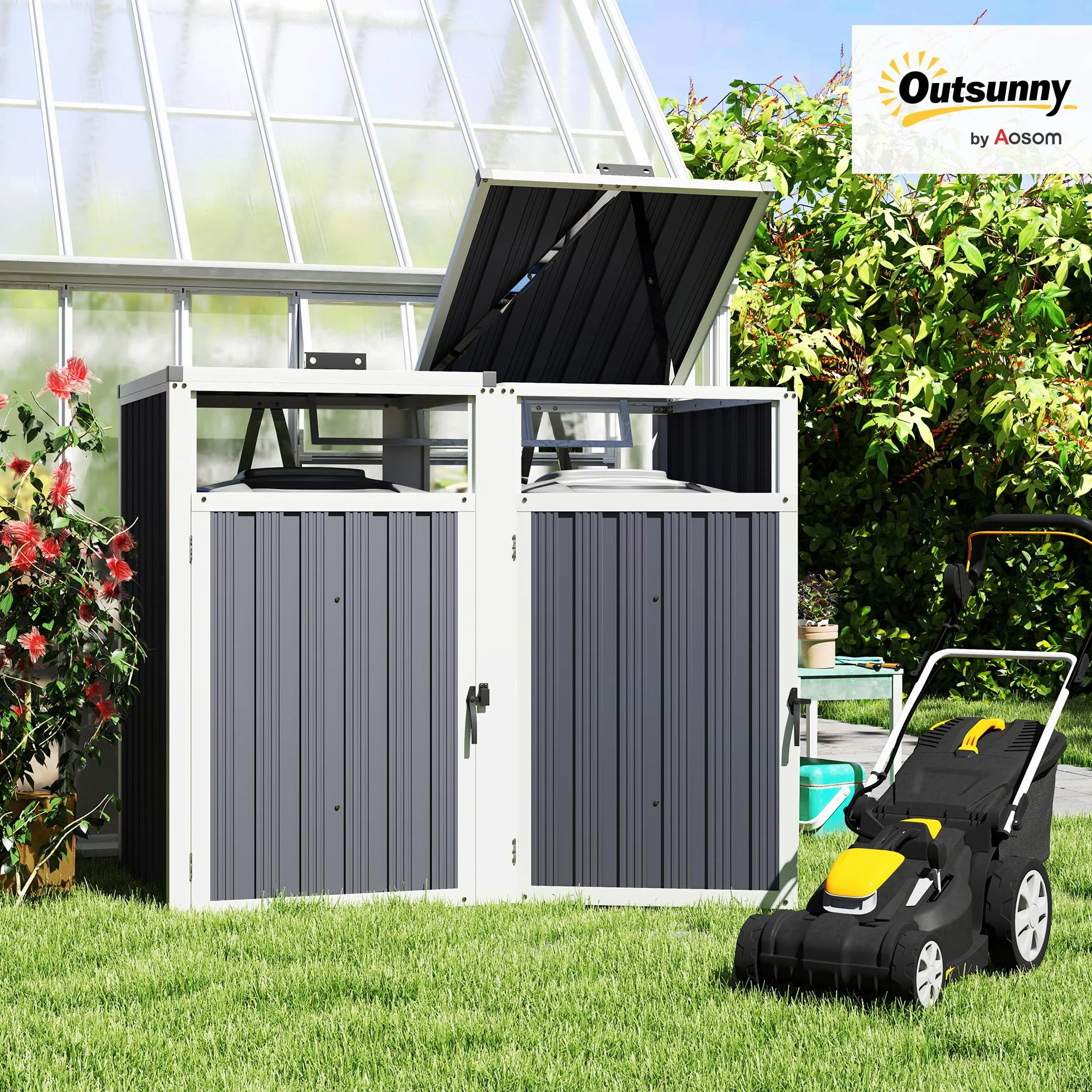 Outsunny Cache Poubelle extérieur 240L Acier galvanisé 146x81x122 cm Gris foncé