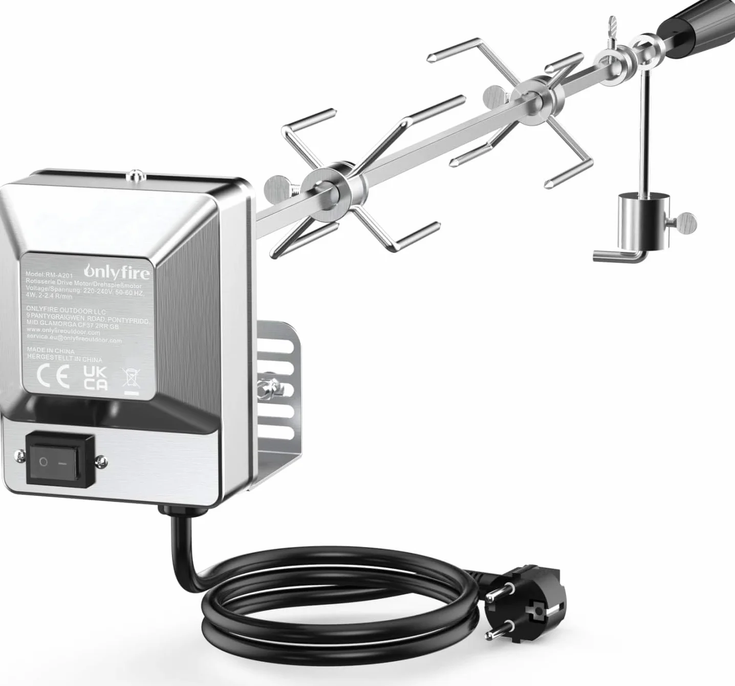 onlyfire Universelles Barbecue Rôtisserie Set 90 cm Carré 8x8mm Tournebroche + 2 x Brochettes Aiguilles et Moteur en Acier Inoxydable, Tourne Broche Electrique, 220 V - 240 V