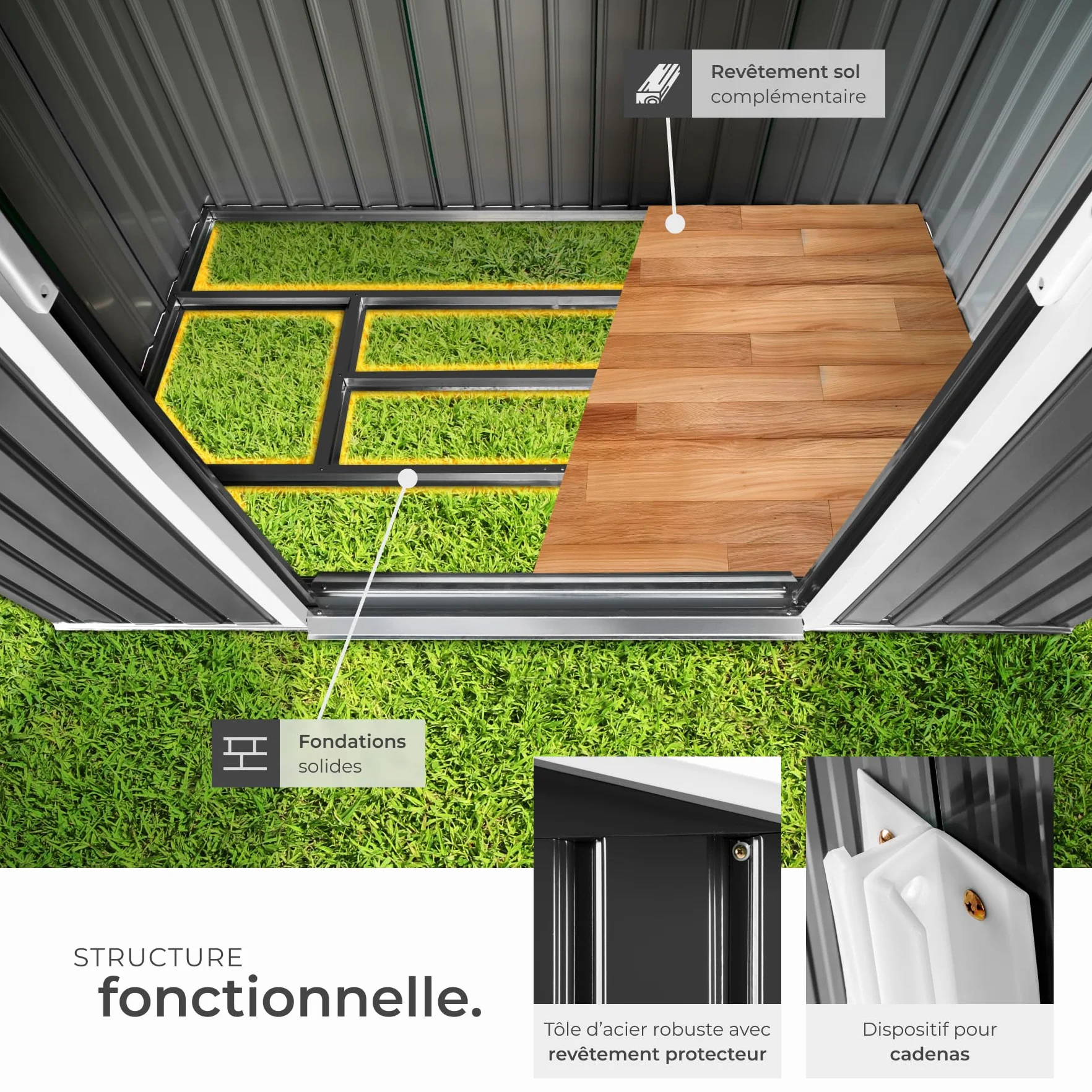 tectake® Abri de Jardin en métal 4.2m³, Cabane de Jardin à Outils, Toiture 2 pans avec Fondation, Rangement et Stockage extérieurs Moto Vélo Tondeuse Brouette Outils de Jardinage, 214 x 130 x 185 cm