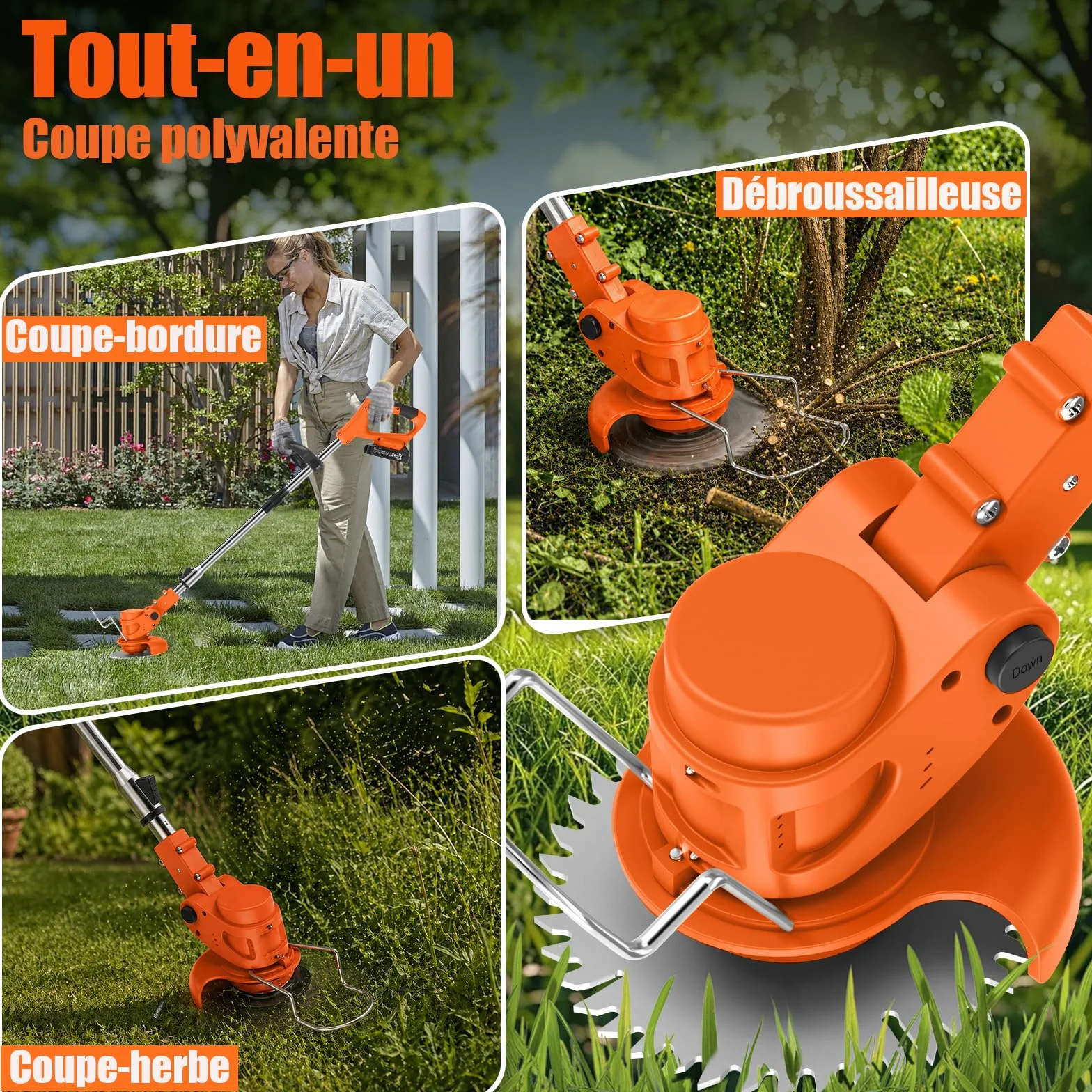 Debroussailleuse Electrique sans Fil 850W Rotofil 60cm Manche Telescopique 2x 2000mAh 26 Lames Orange Cuivré