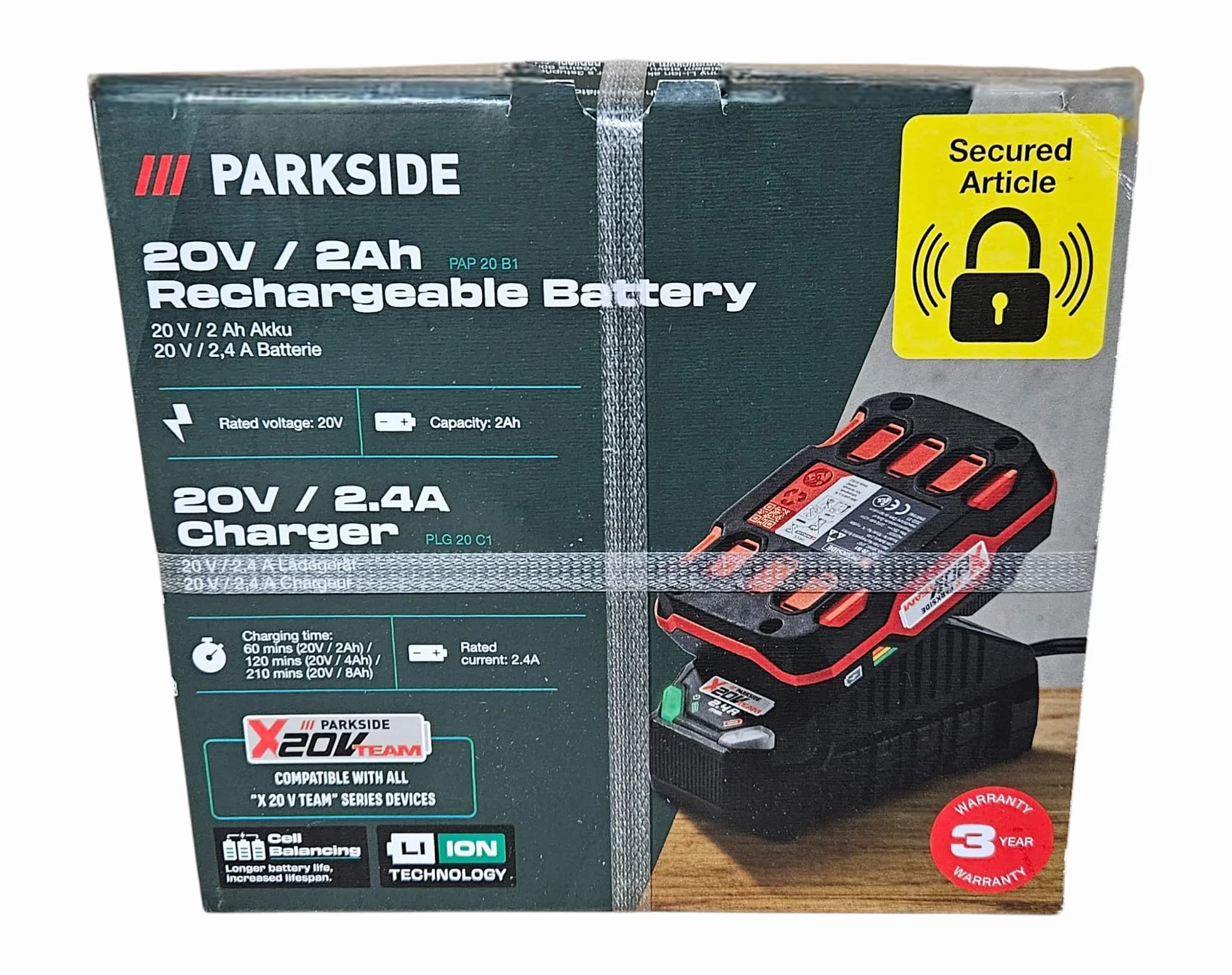 Parkside Batterie Lithium-ION 20 V 2 Ah PAP 20 B1 Chargeur 60 Min PLG 20 C1 65 W 2,4 A