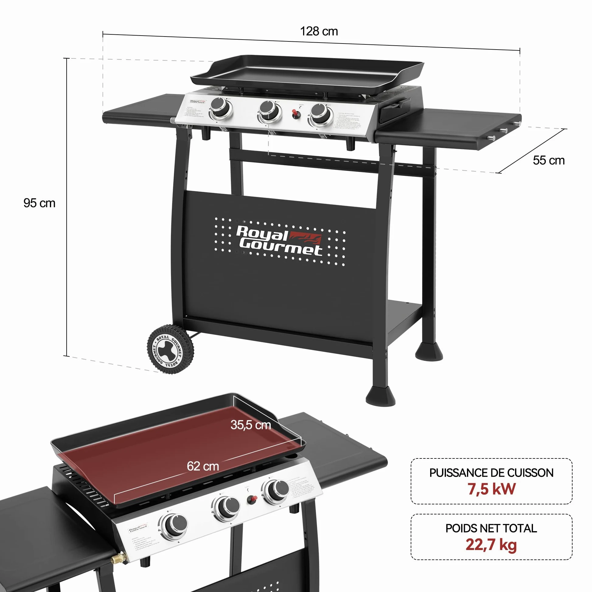 Royal Gourmet Plancha Gaz sur Chariot, 3 Brûleurs Puissance 7.5 kW, Plaque Amovible de Surface Cuisson 62,0 x 35,5 cm, Avec 2 Tablettes et 2 Roues, Portable pour Jardin et l' Extérieur, Noir