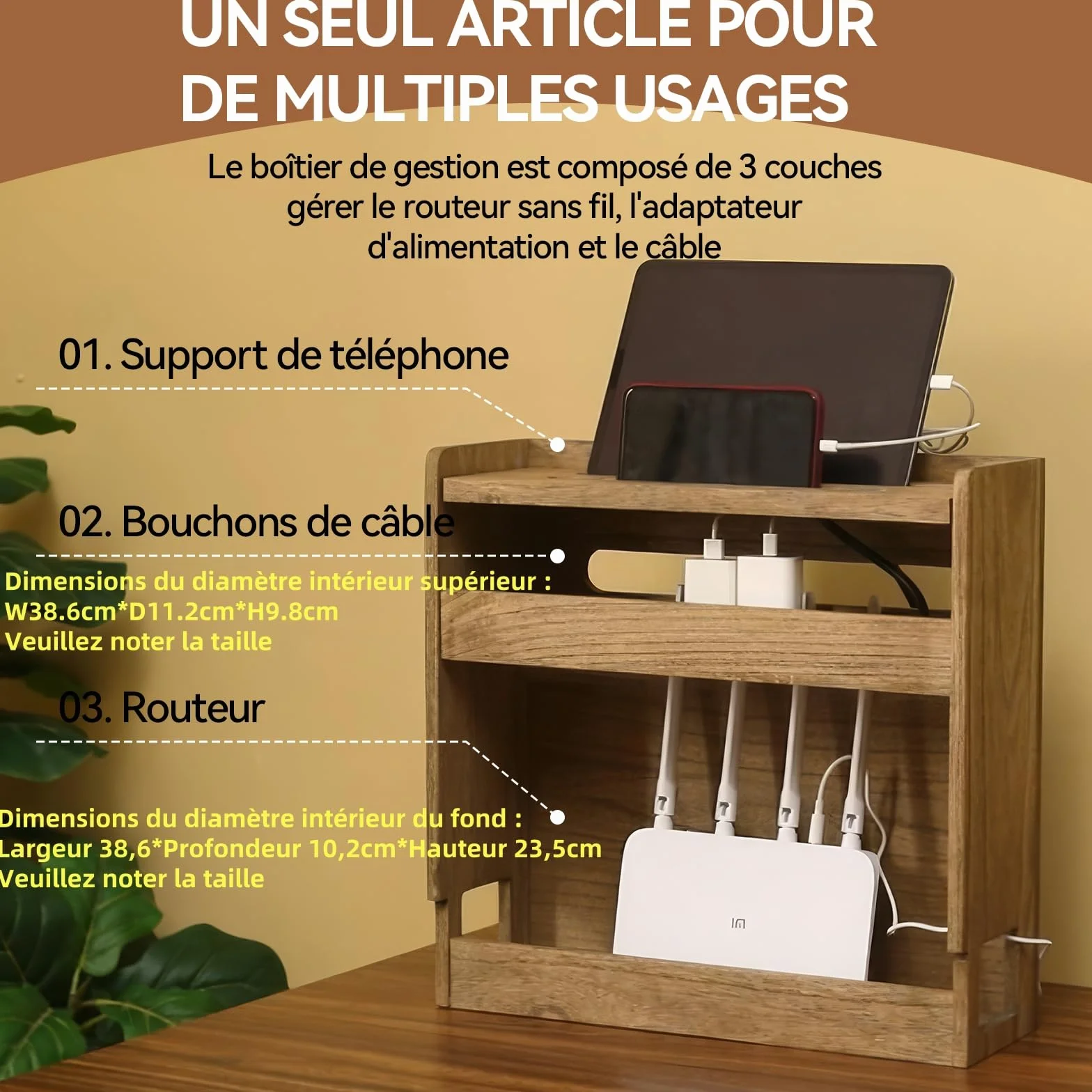 KIRIGEN Boîte de rangement pour routeur Wifi, étagère en bois pour câbles, gestion et organisation des câbles gelb-braun