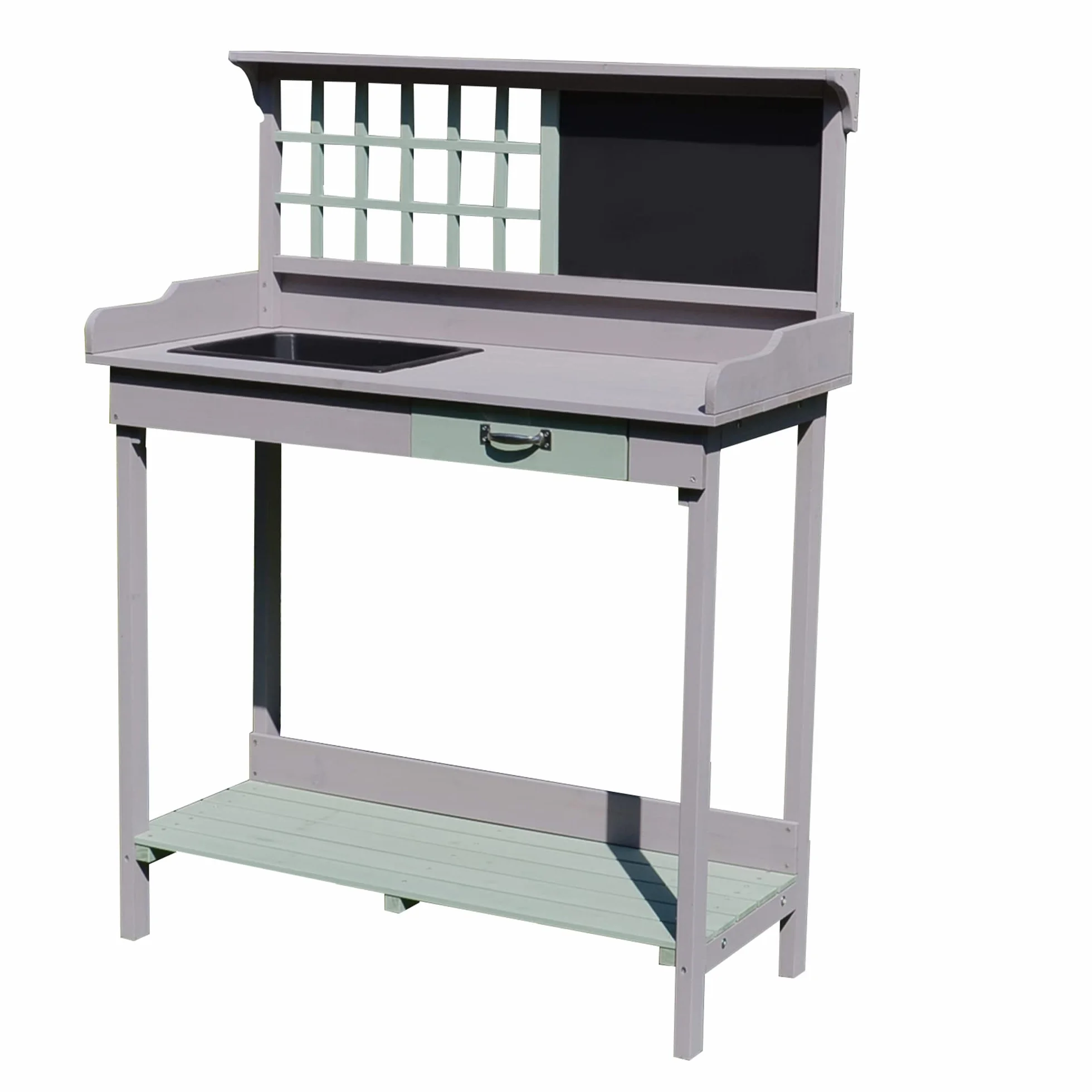 HOMCOM Table de rempotage Multi-équipée Table de Jardinage avec tiroir, étagère, évier dim. 92L x 42,5l x 119,5H cm Bois Massif pré-huilé Gris Vert Menthe