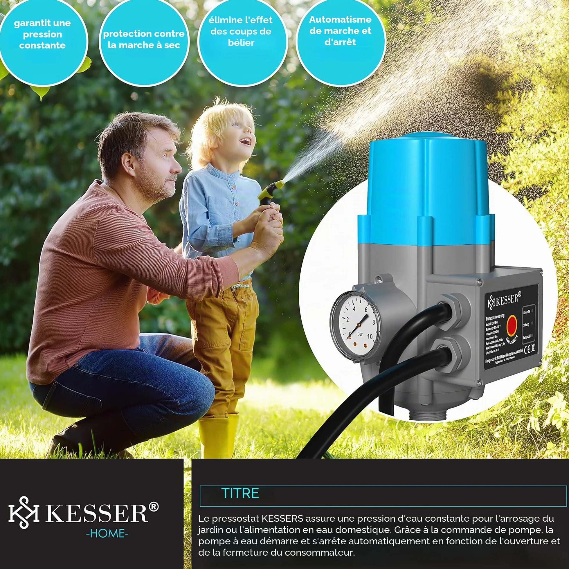 KESSER Pressostat 10 bar Commande de pompe avec indicateur et câble