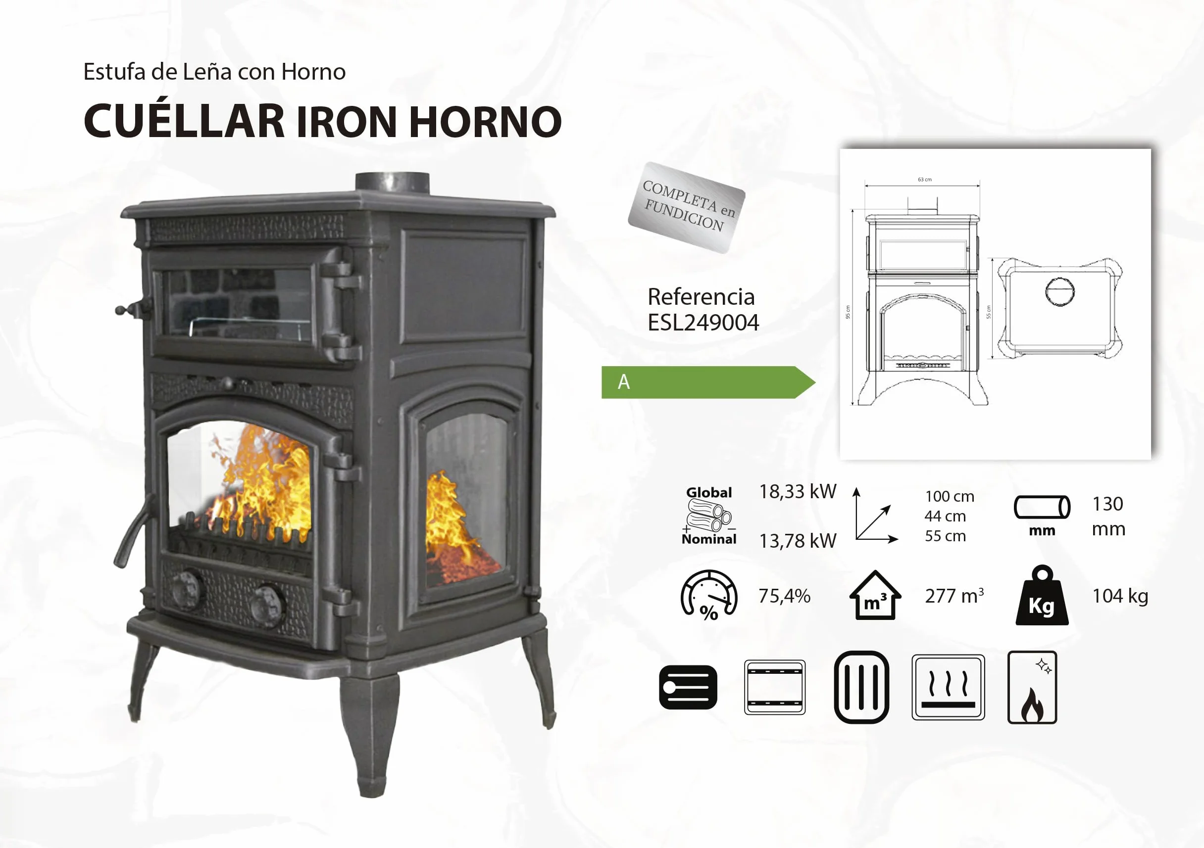 EIDER Poêle à bois 18,33 kW Cuella Iron Four 100 x 44 x 55 cm 277 m³ Classe A Fonte triple vision