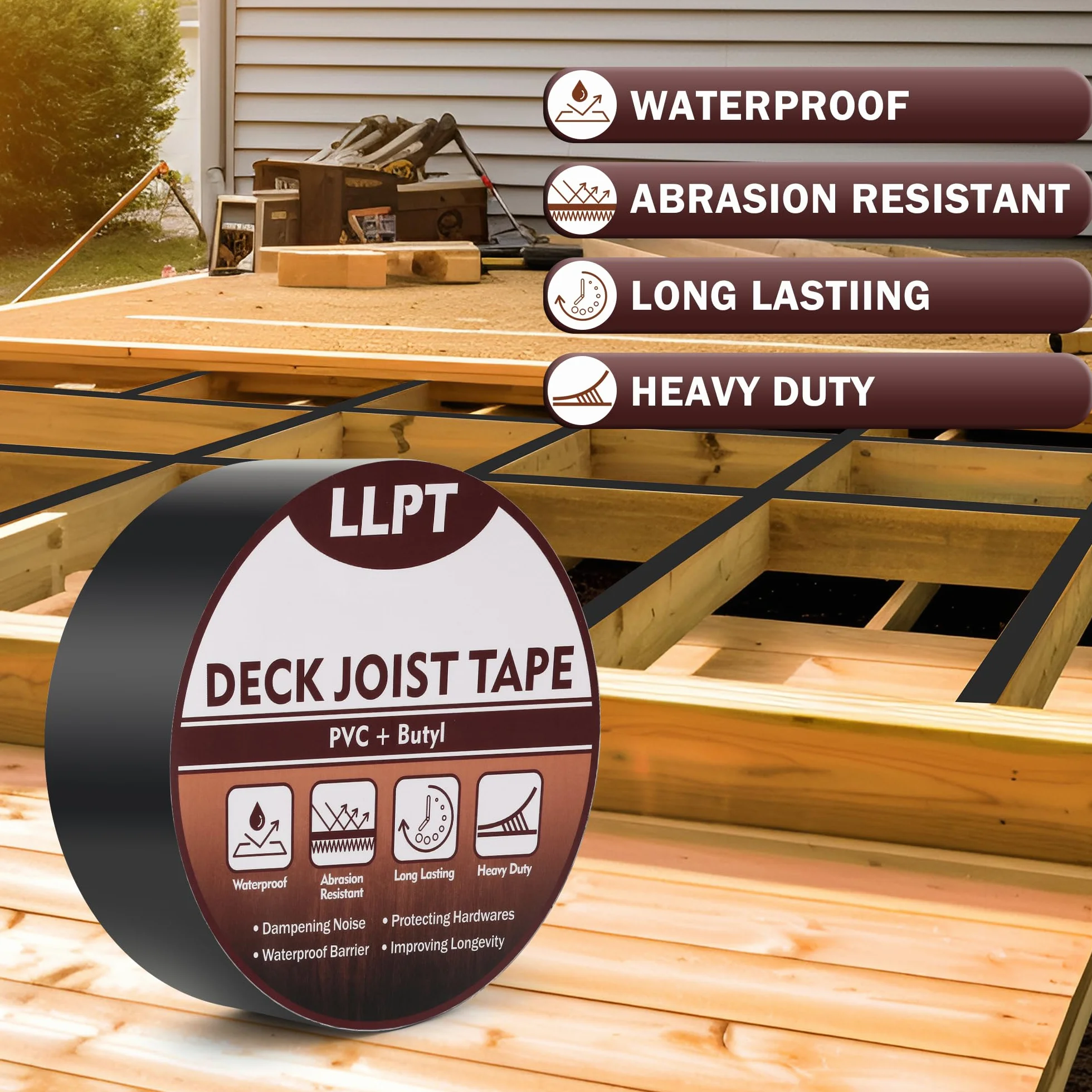 LLPT Ruban Adhésif de Solive pour Terrasse 50 mm x 15 m Mastic Butyle Imperméable 6 Packs