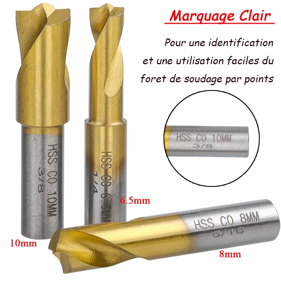 Mesee Lot de 3 Forets à Souder par Point HSS CO Plaquée en Titane 6.5mm/8mm/10mm