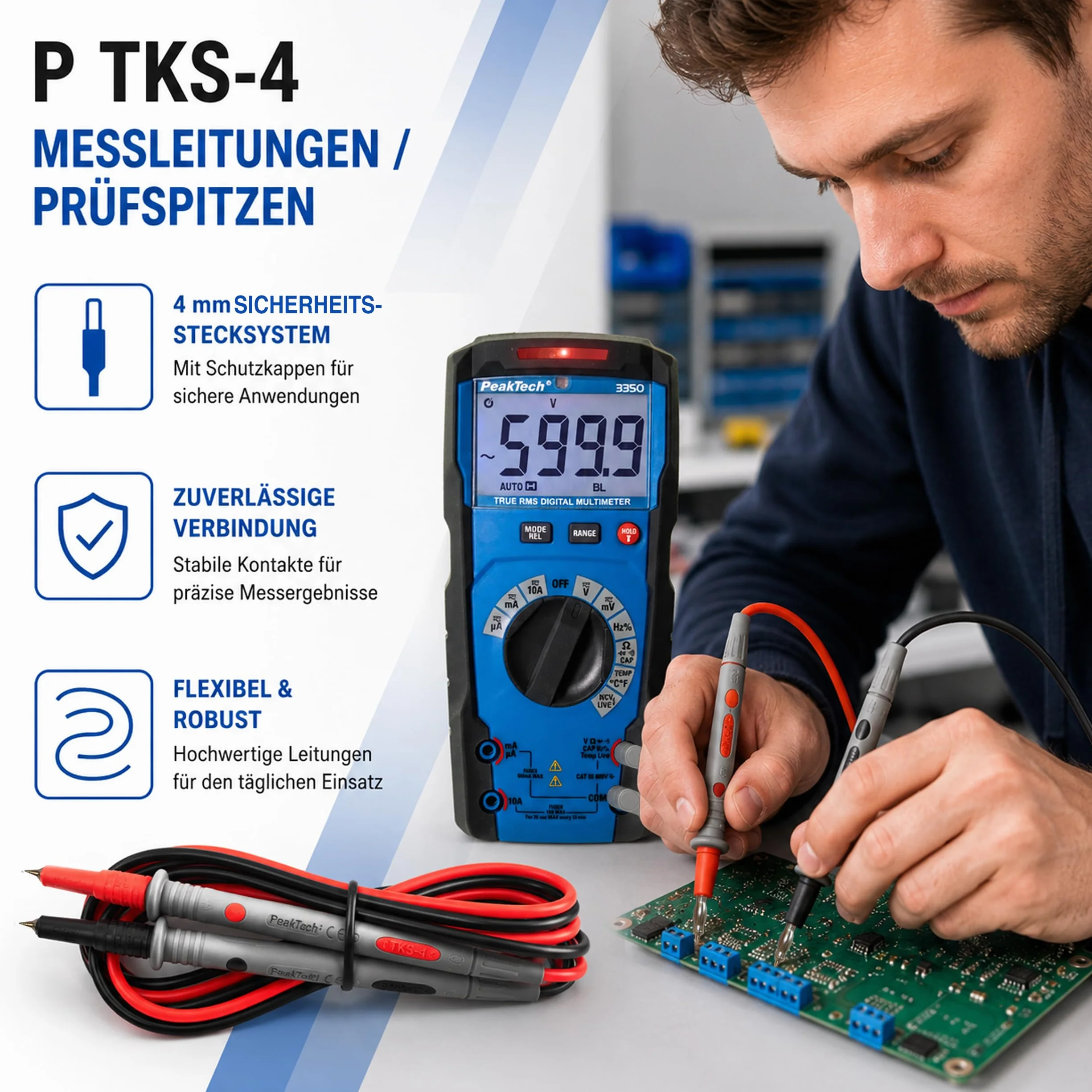 Peak Tech Multimètre de cordons de mesure 120 cm 1000 V AC/DC 10 A Cat III/IV Lot de 4