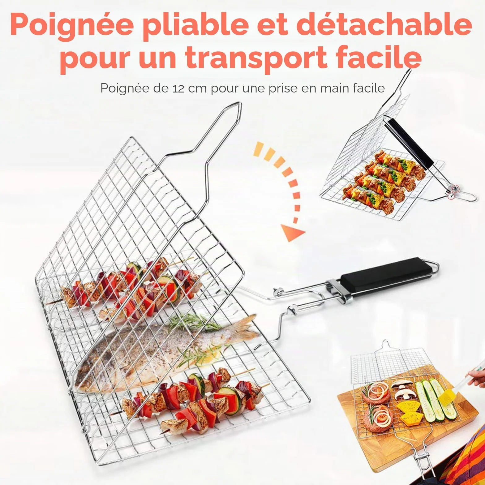 Lot De 2 Paniers De Barbecue Portables, Paniers De Grillades De Poisson Pliables, Paniers De Barbecue Pliables En Acier Inoxydable Avec Poignée En Bois Amovible Pour Poisson Rôti, Brochettes
