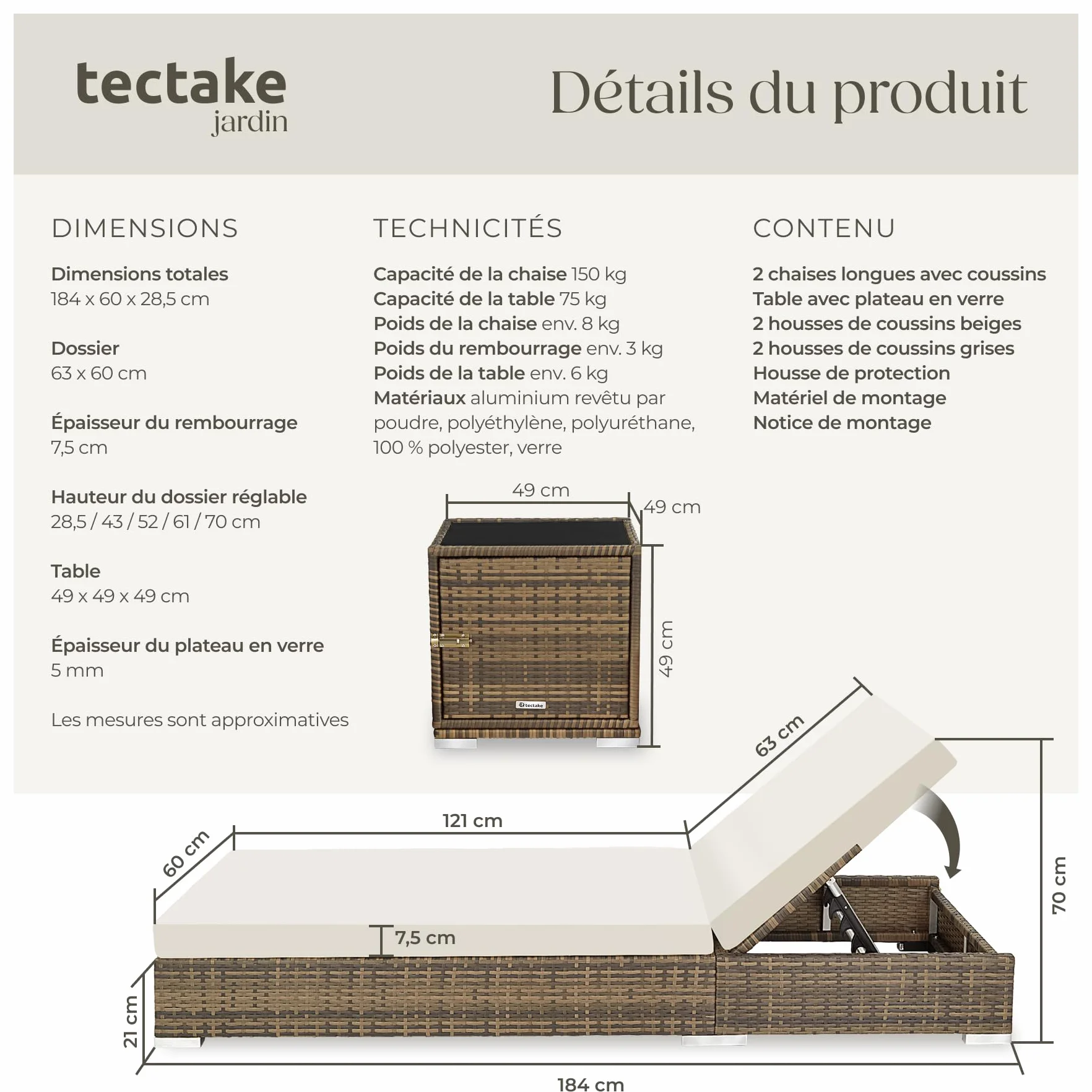 Tectake Set de 2x Chaise Longue Bain de Soleil avec Dossier réglable + Table de Jardin Aluminium Resine Tressee + Housses - Marron Naturel