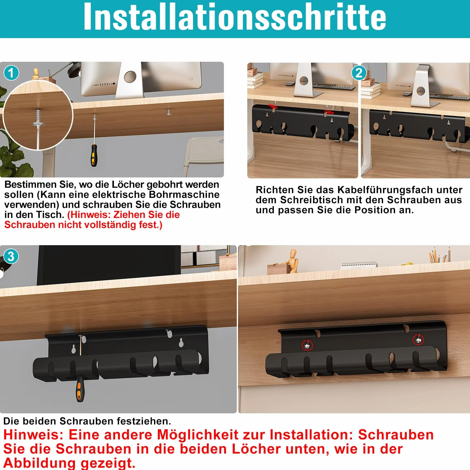 Goulotte de câbles en Acier Inoxydable Noir Lot de 2 Organiseurs de câbles Bureau avec Accessoires