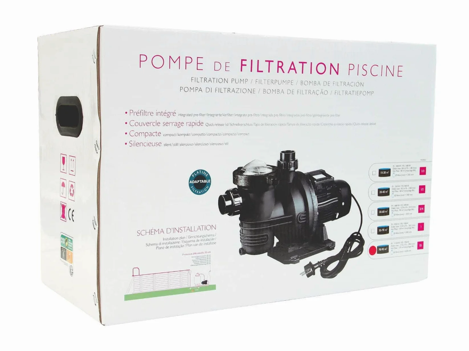 Pompe Filtration Piscine - PRO - Puissance 1.5CV - Débit 18m3/h - Couvercle QuickLock sans Vis - Fournie avec raccords 50 - (à Utiliser en complément d'un Filtre à Sable ou à Cartouche) Noir