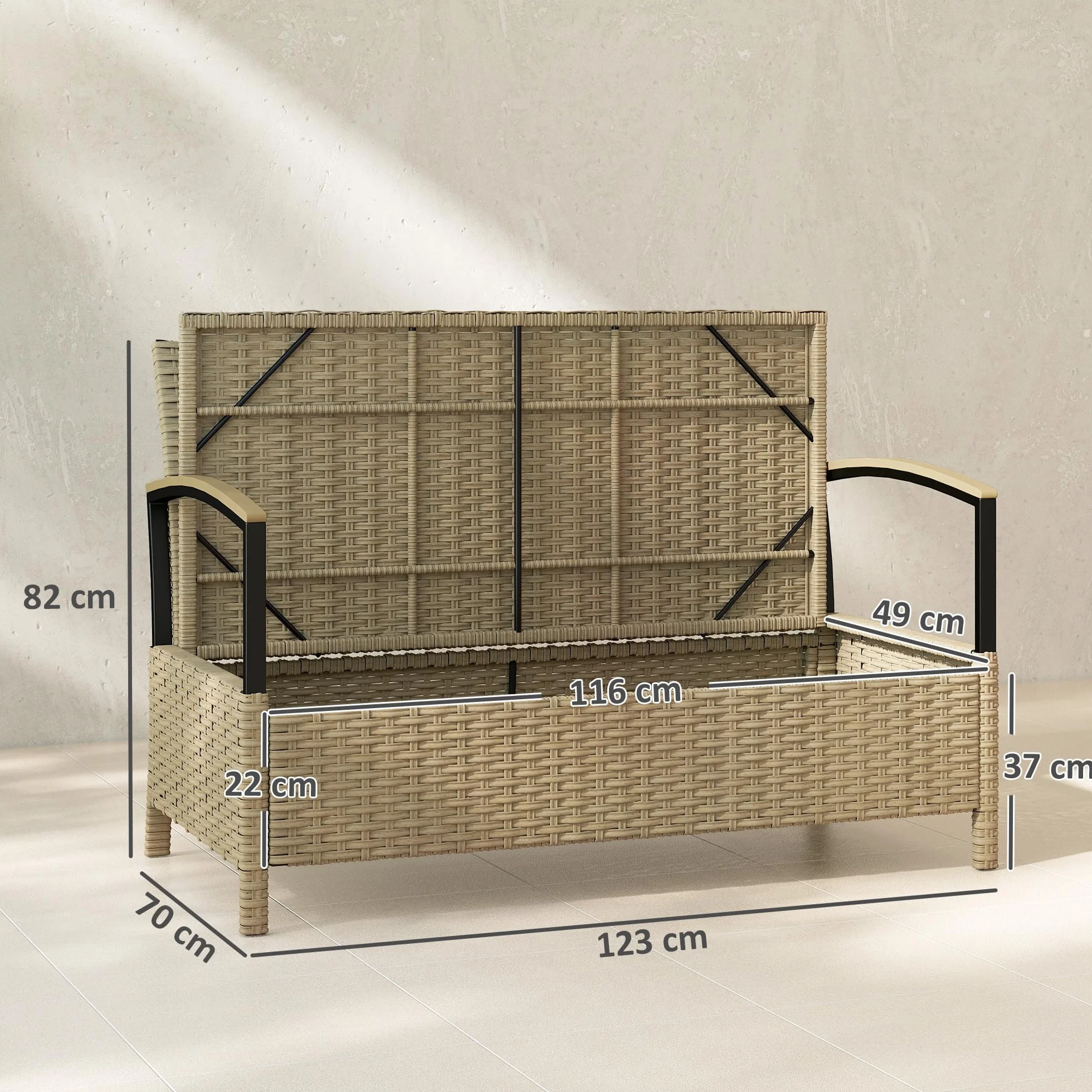 Outsunny Coffre d'extérieur Banc Jardin Rangement 125 L Canapé 2 Places Rotin PE Coussin Métal Terrasse Kaki