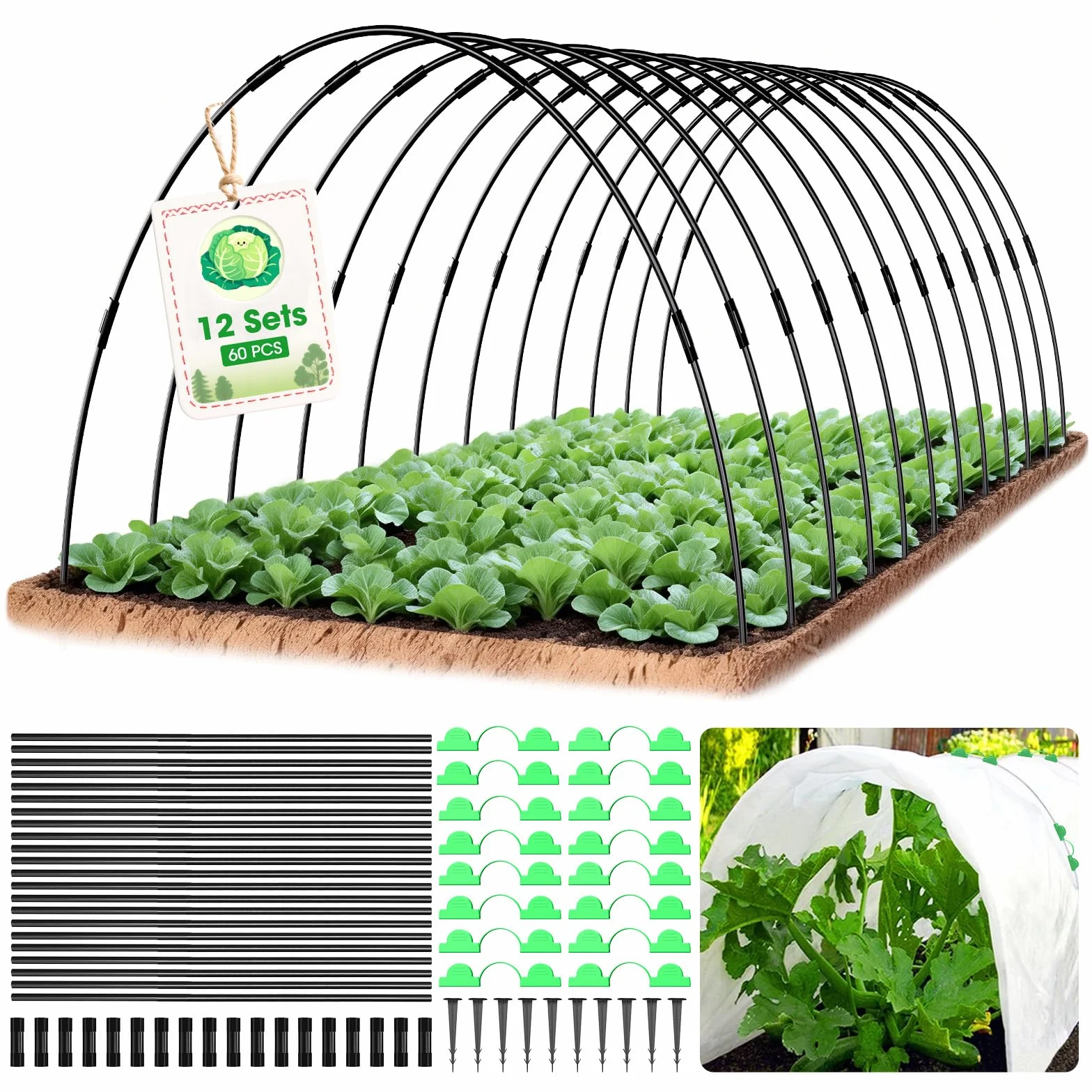 Arceau pour Serre Tunnel,60 Pièces Cerceau De Jardin,12 PCS Arche pour Plate-Bande surélevée,Anneaux de Serre Amovibles pour Couverture de Plantes, Tunnels