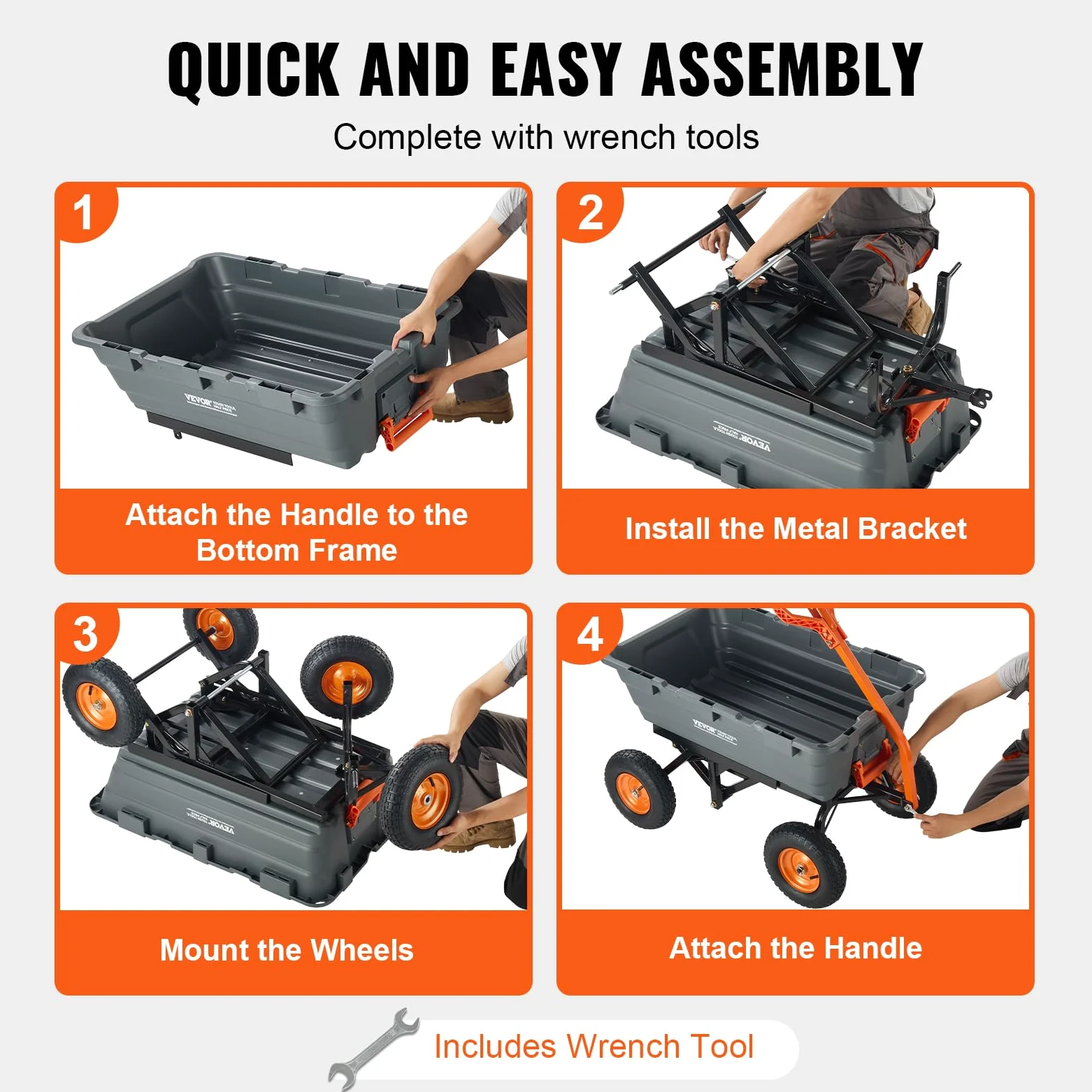 VEVOR Chariot à Benne basculante, capacité de Charge 680 kg​, Chariot de Jardin en polyéthylène Robuste avec Cadre en Acier, poignée Convertible 2 en 1, Roues 330 mm, brouette Utilitaire pour pelouse