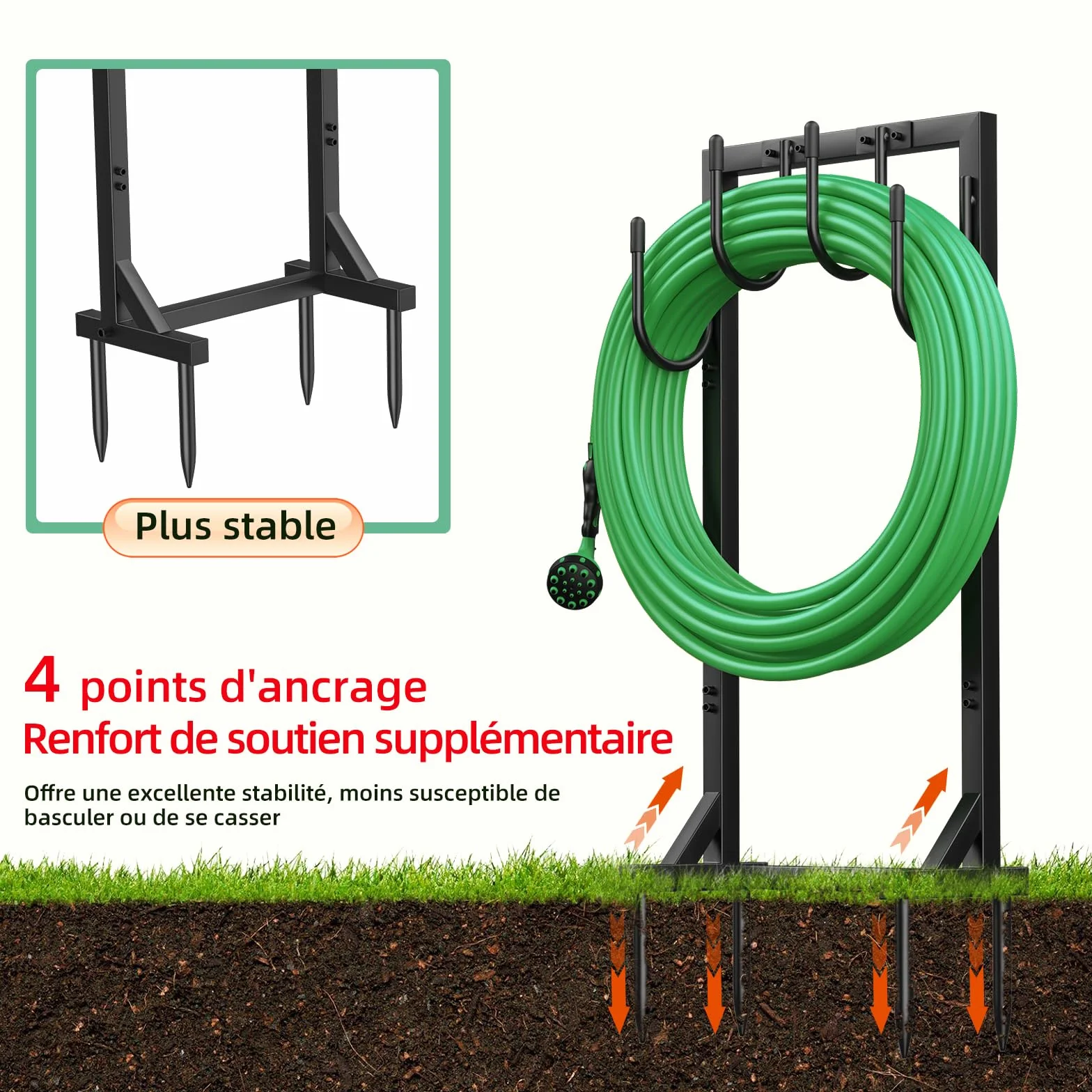 Support pour Tuyau d'arrosage 109,5 cm Enrouleur Métallique 45 mètres 4 Crochets Jardin