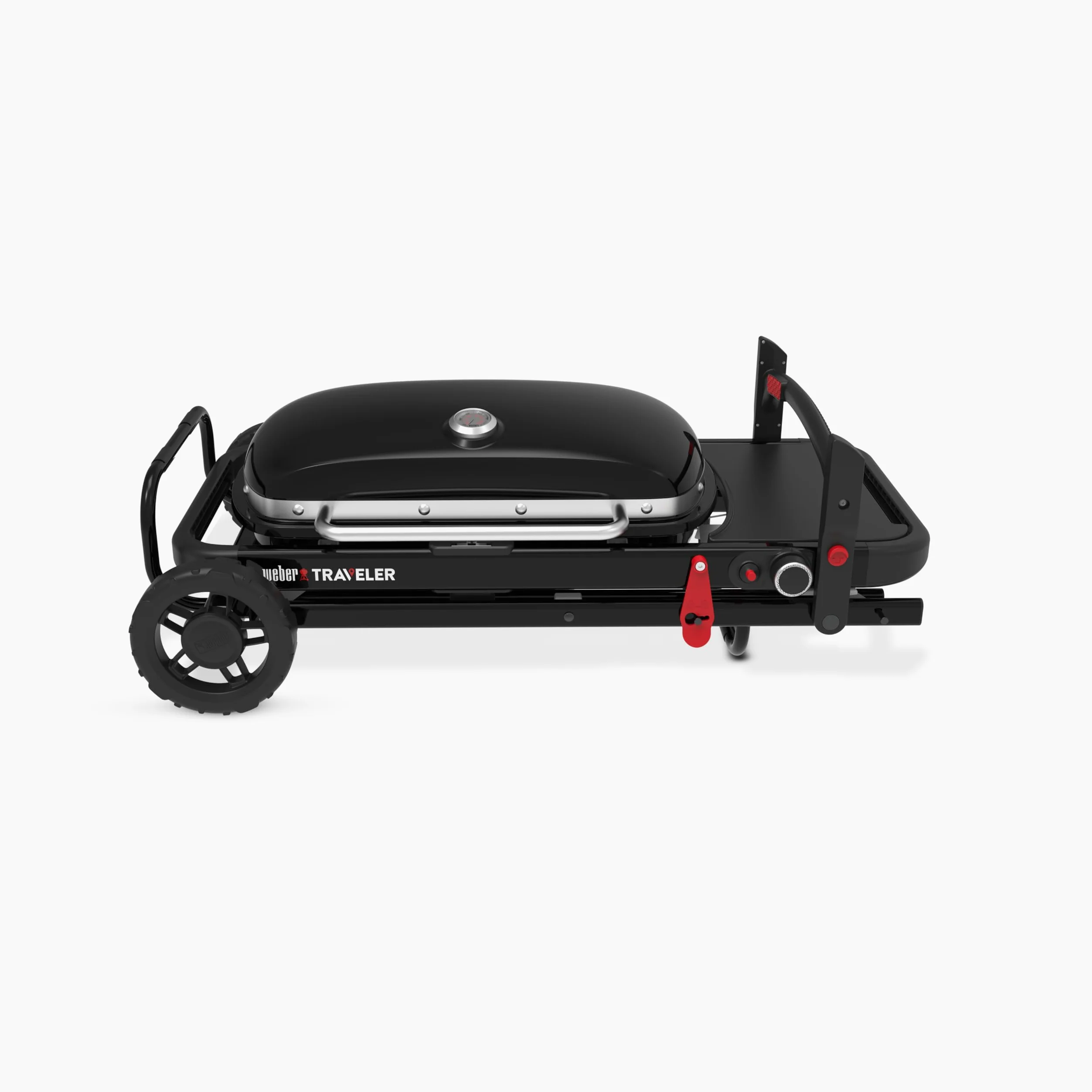 Weber Traveler barbecue à gaz/design pliable et portable avec roues, verrouillage automatique du couvercle et thermomètre intégré, 1 brûleur, largeur 111 cm, surface de cuisson 2065 cm², noir