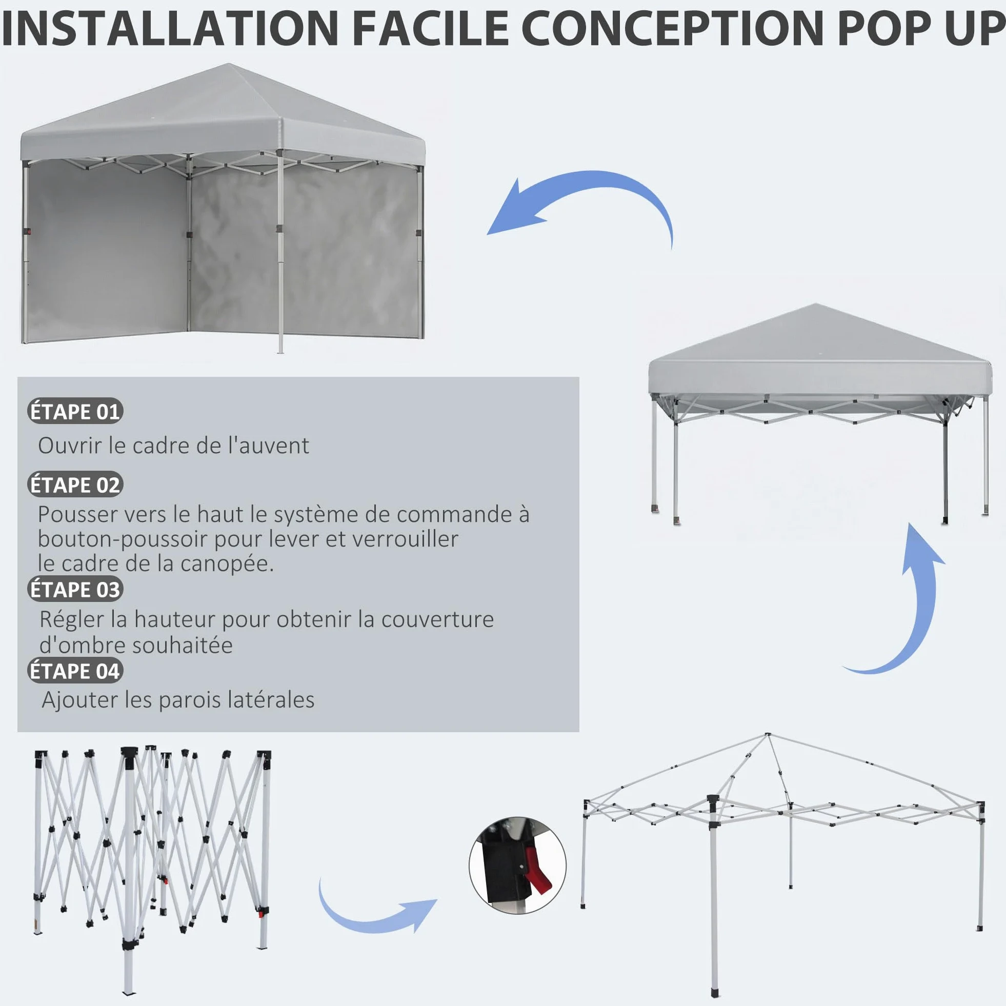 Outsunny Tonnelle de Jardin Pop-up Pliant Barnum réglable en Hauteur Protection UV 30+ 2 parois latérales - Sac de Transport Inclus - pour fête, événement Plein air - 297 x 297 x 288 cm Gris Clair