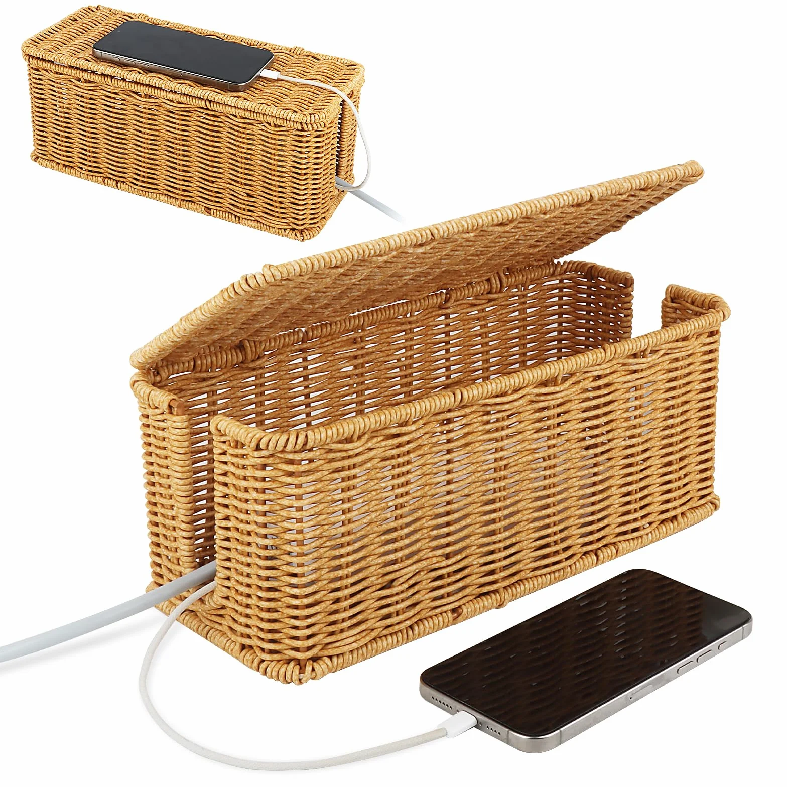 Boîte de Rangement pour Câbles en Rotin 31,5 x 13 x 13 cm