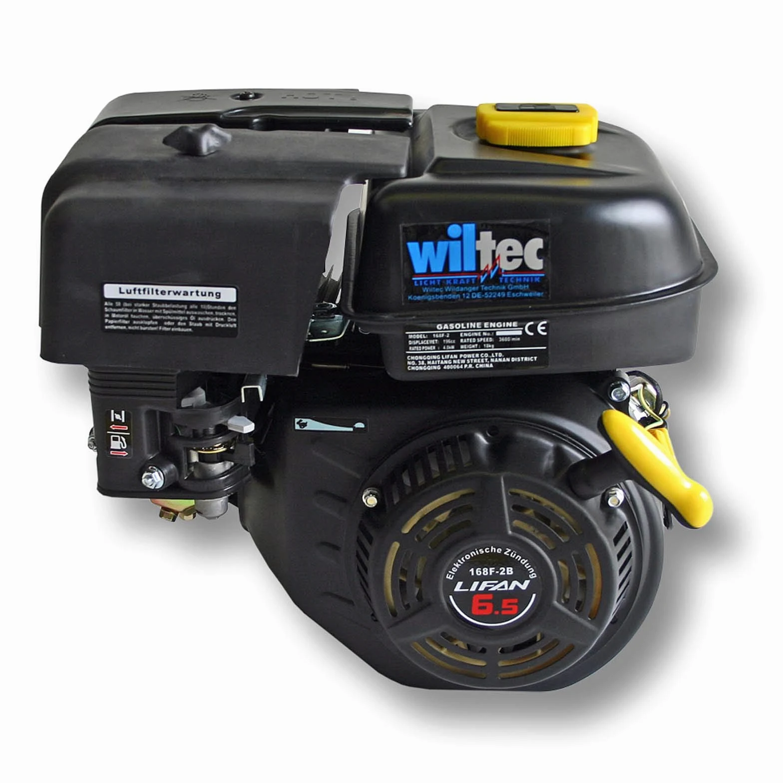 Wiltec LIFAN 168 F-2B Moteur essence – 380 x 360 x 260 mm – 4,8 kW (6,5 CV) – 196 ccm – 4 temps, Ø arbre 20 mm – capacité 3,6 L – OHV – Refroidi par air – Monocylindre Lanceur manuel – Kart Jardin