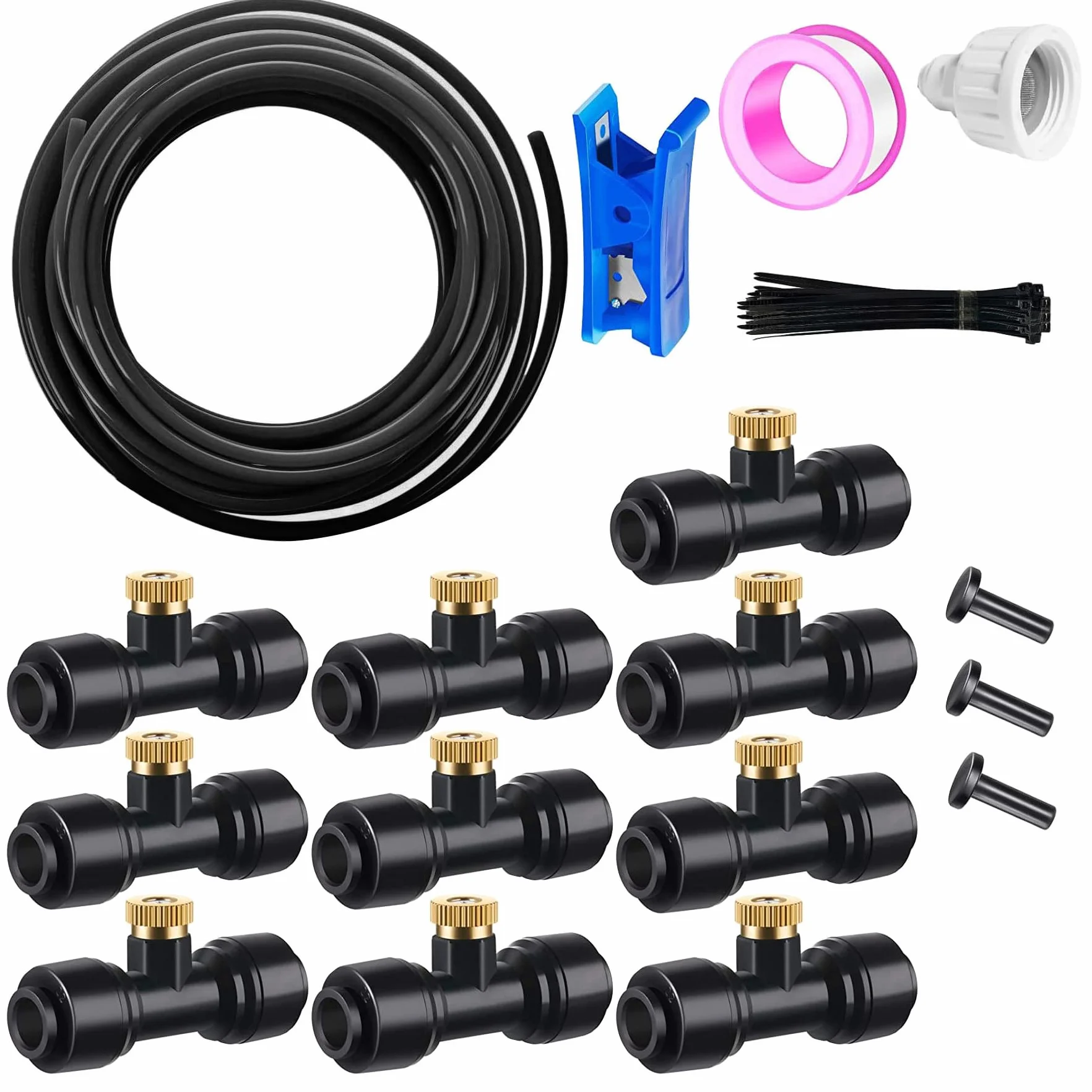 10m Kit d’Irrigation Système avec 10 Buses de Brume avec Joint en T,Système de Refroidissement parbrumisateur par Brouillard pour Jardin,Serre(Noir）
