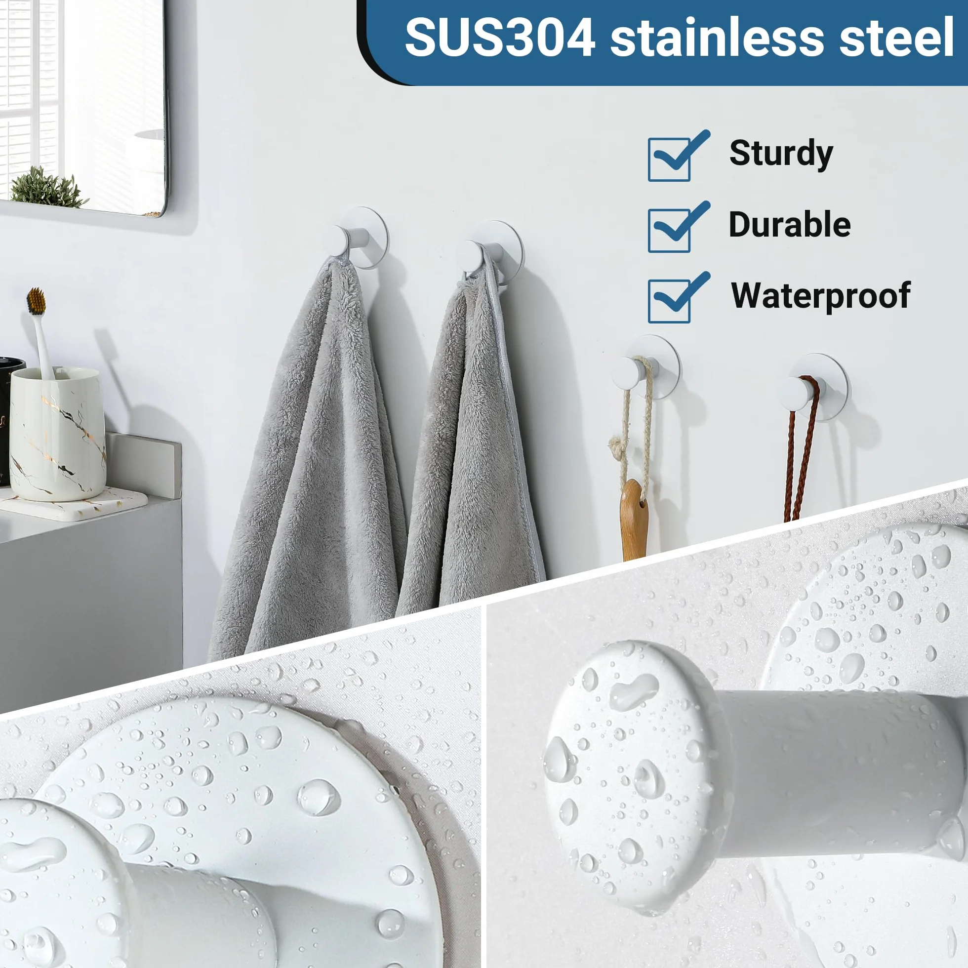 SAYAYO Crochets Muraux Adhésifs sans Percage en Acier Inoxydable pour Salle de Bain, 2 Pièces Blanc