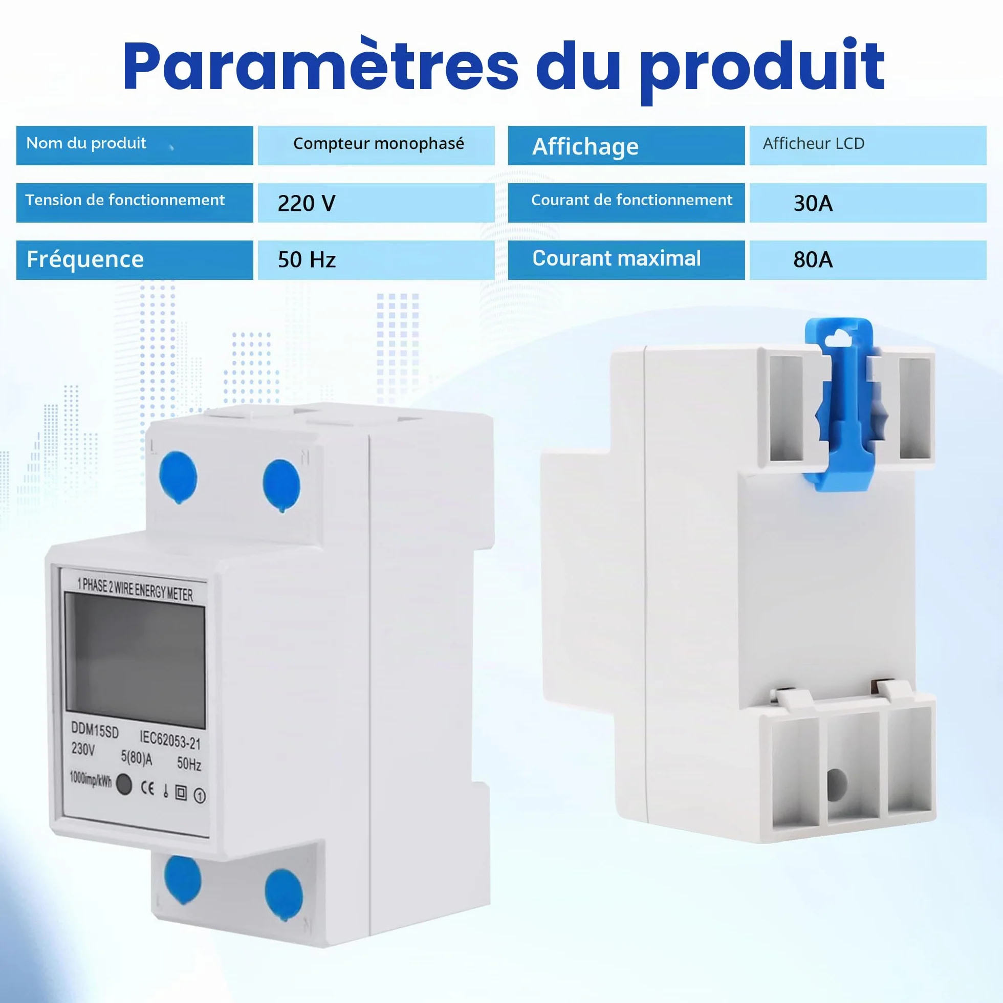 Compteur Électrique Monophasé LCD Rétroéclairé 50/60Hz Rail DIN 230 5(80)A Mesureur Consommation kWh