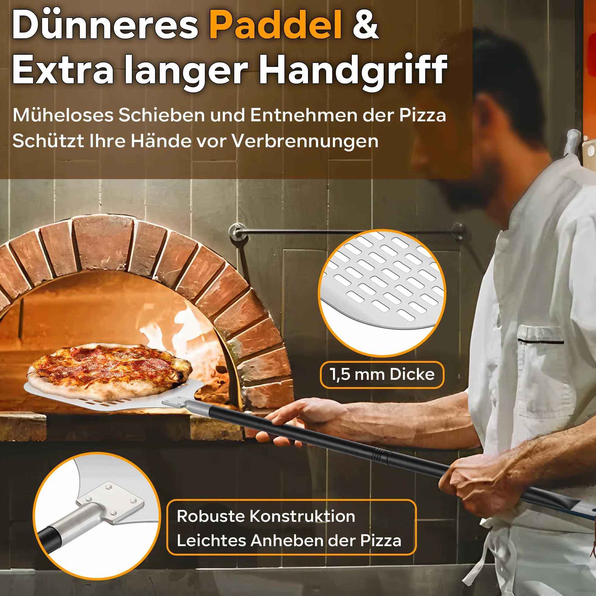 TEAMFAR Pelle à pizza, 30,5 x 42 x 124 cm, perforée, en aluminium anodisé dur, pour glisser facilement sur la pierre à pizza, rectangulaire, grande surface et poignée amovible pour barbecue, four à