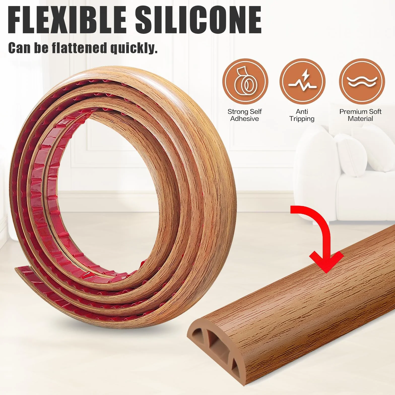 Goulotte autocollante PVC flexible 3 cm x 1 m protection câble plat