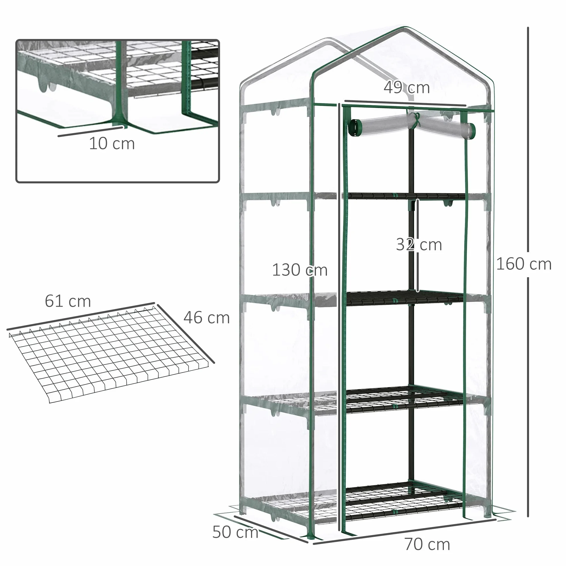 Outsunny Serre de Jardin PVC avec Étagères 4 Niveaux, Serre de Balcon, Bâche Renforcée 140g/m², Châssis en Acier, Porte Zippée Enroulable, pour Légumes et Plantes, Extérieur, 70x50x160cm, Transparente