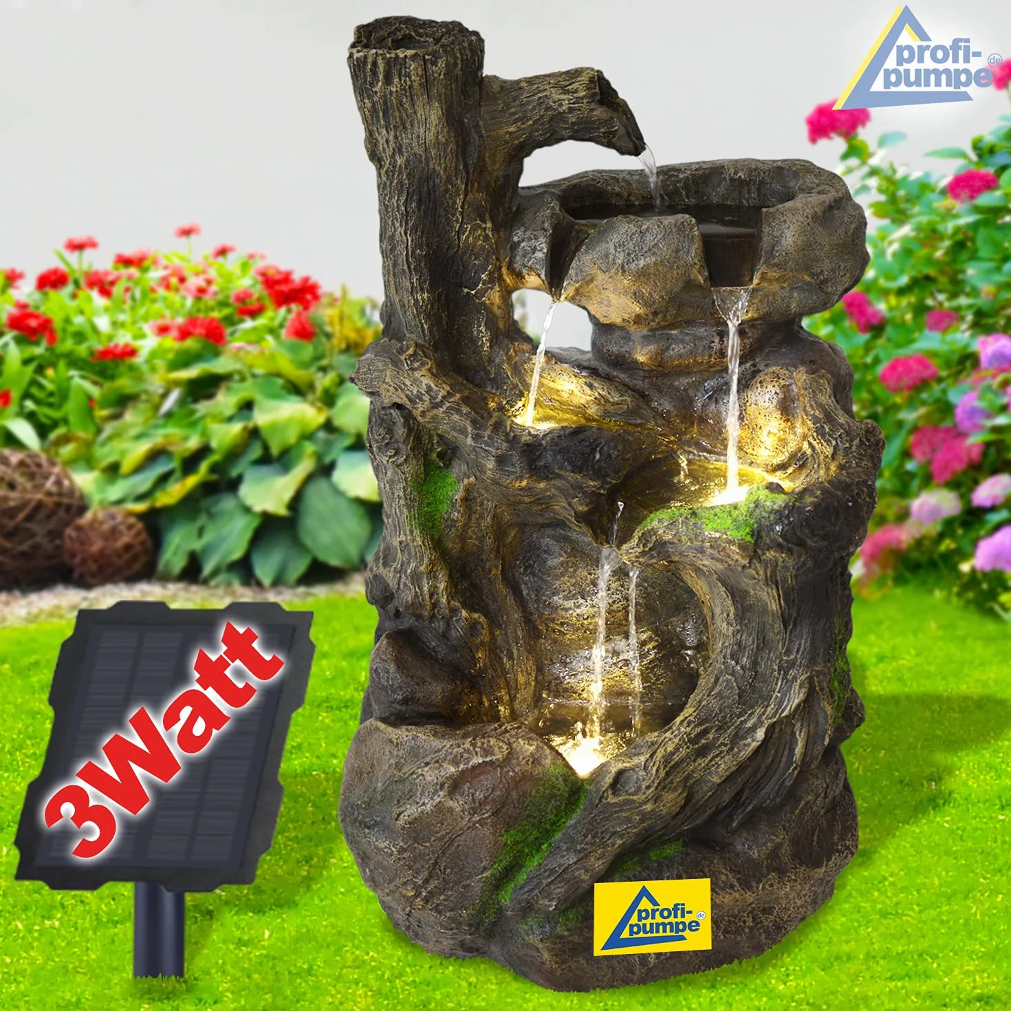 Fontaine de Jardin Solaire avec Batterie Li-ION et Lumière LED, Cascade en Pierre, Déco Originale pour Jardin, Terrasse, Balcon