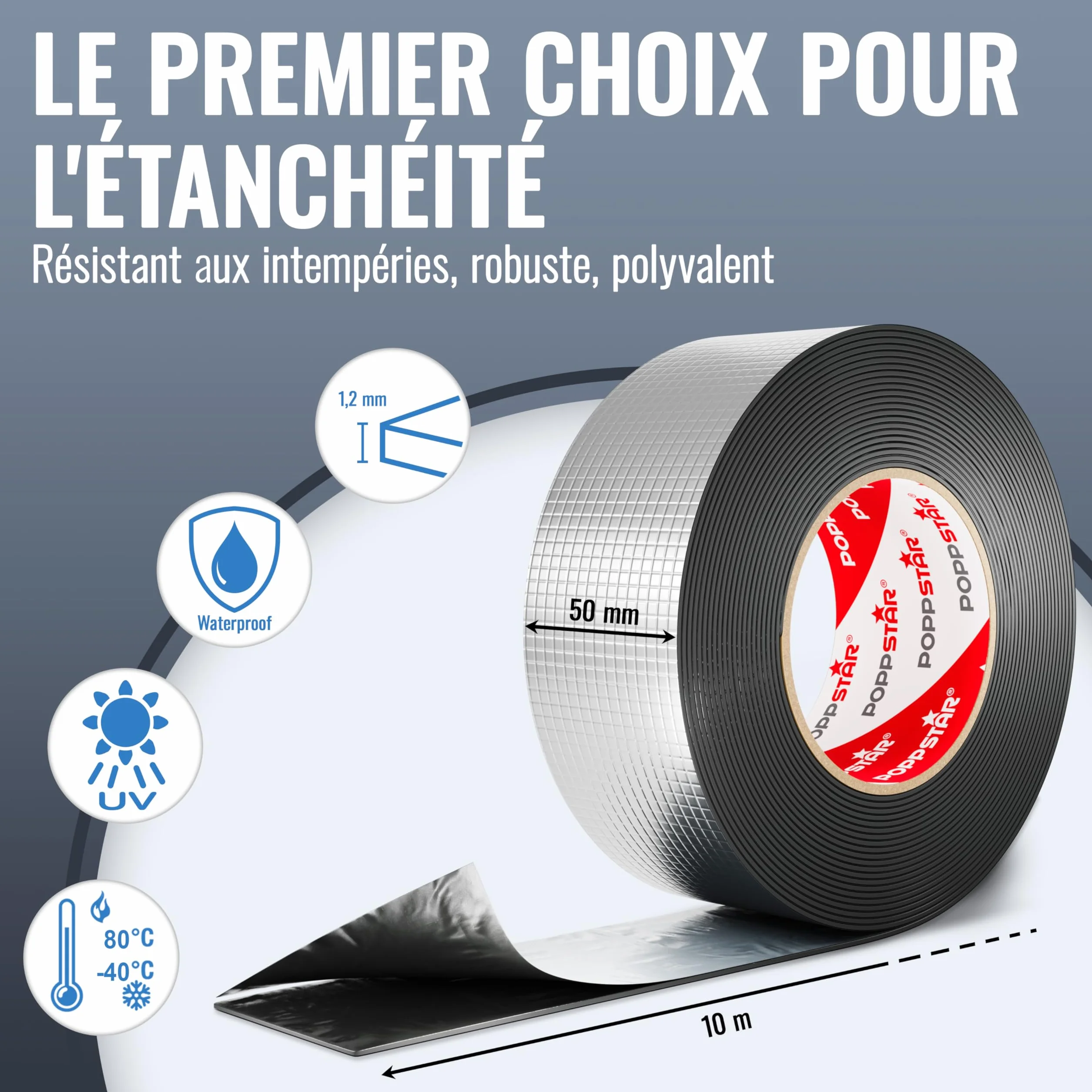 Poppstar Ruban Adhésif en Alu-butyle 5cm 10m Super Étanche Extérieur
