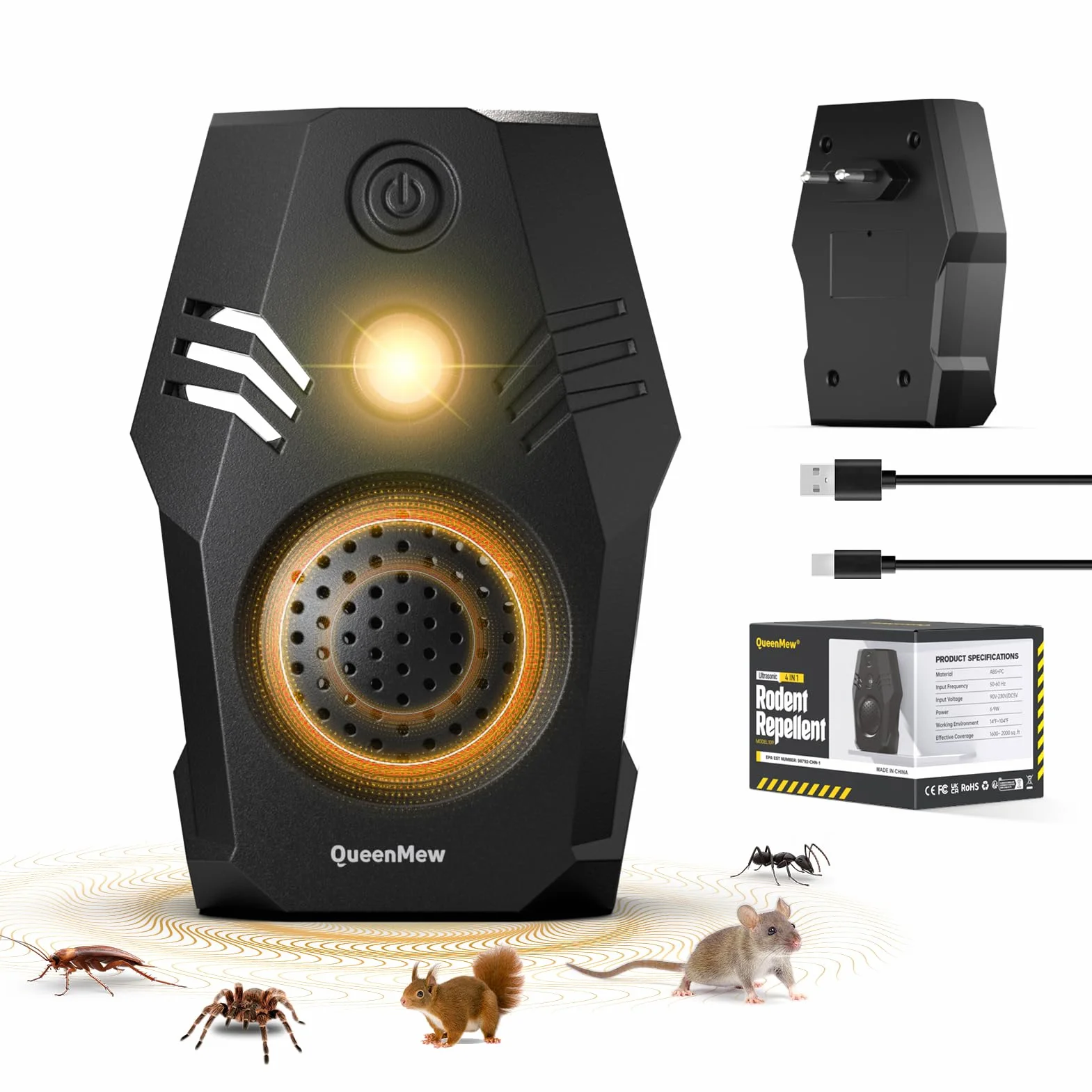 Ultrason Souris d'intérieur, Repulsif Souris à Brancher, 4 Modes et Deux Options d'alimentation Prise Anti Moustique, Anti Cafard Inoffensif pour Rats, Cafards, Insectes, Fourmis