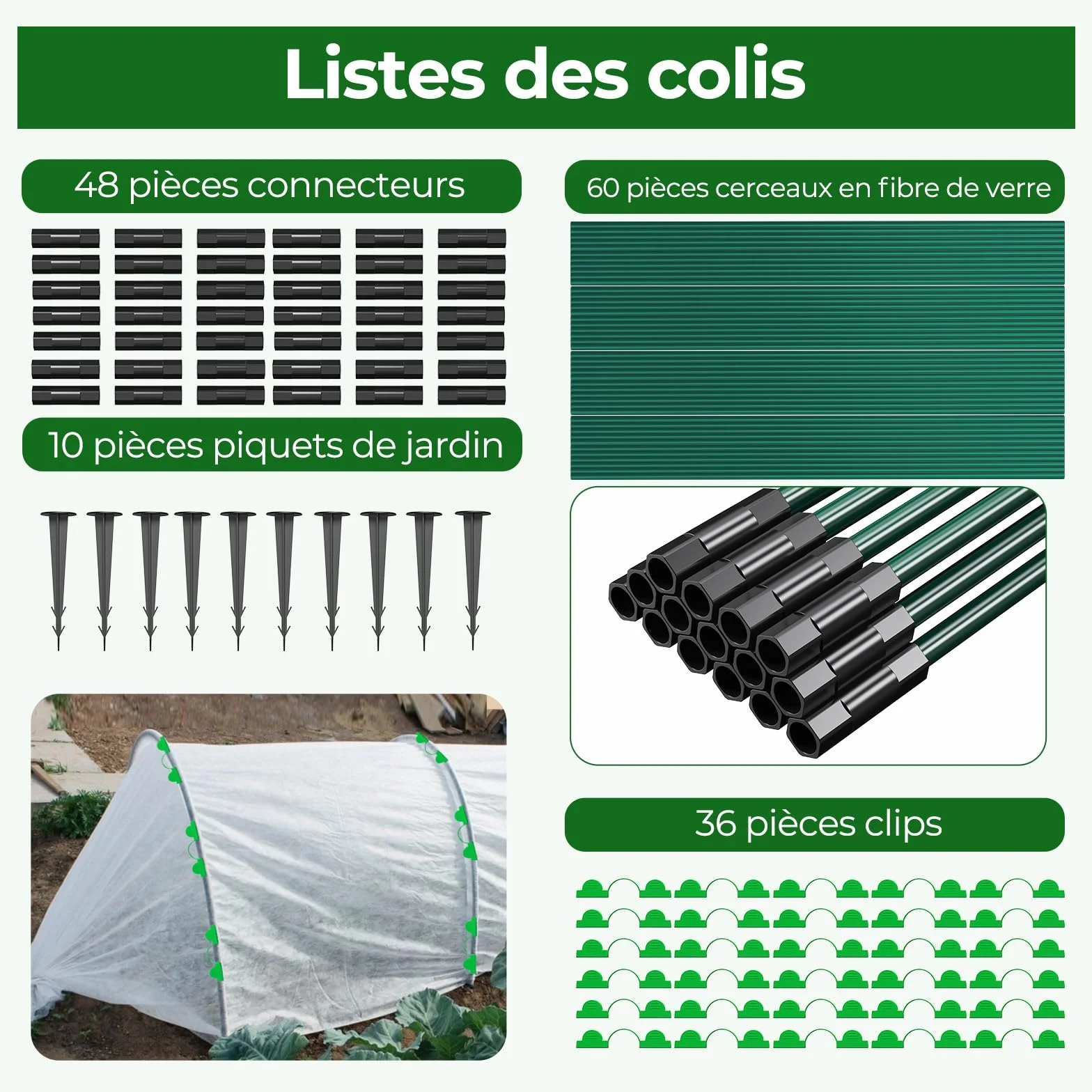 MYMULIKE Lot de 60 Tunnels de Culture pour Carrés Potagers, Arceaux de Tunnel de Plantes, Kit de 12 Arceaux de Jardin en Fibre de Verre, Arceaux de Serre pour Légumes, Fleurs et Fruits