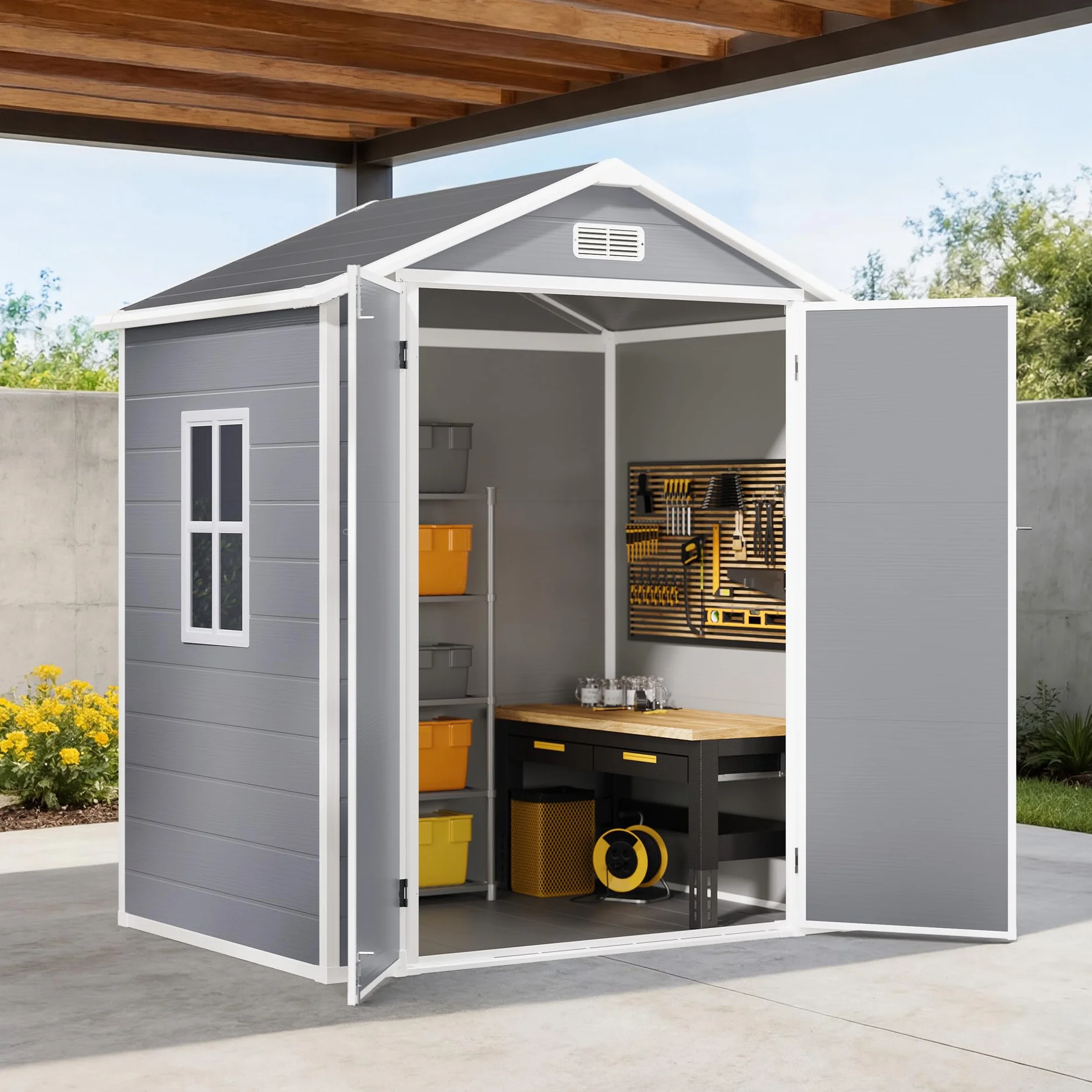 Xbro Abri de Jardin Résine 173 x 125 x 210 cm 2,2 m² Système de Ventilation Base Renforcée Fenêtres Verrou de Sécurité Gris