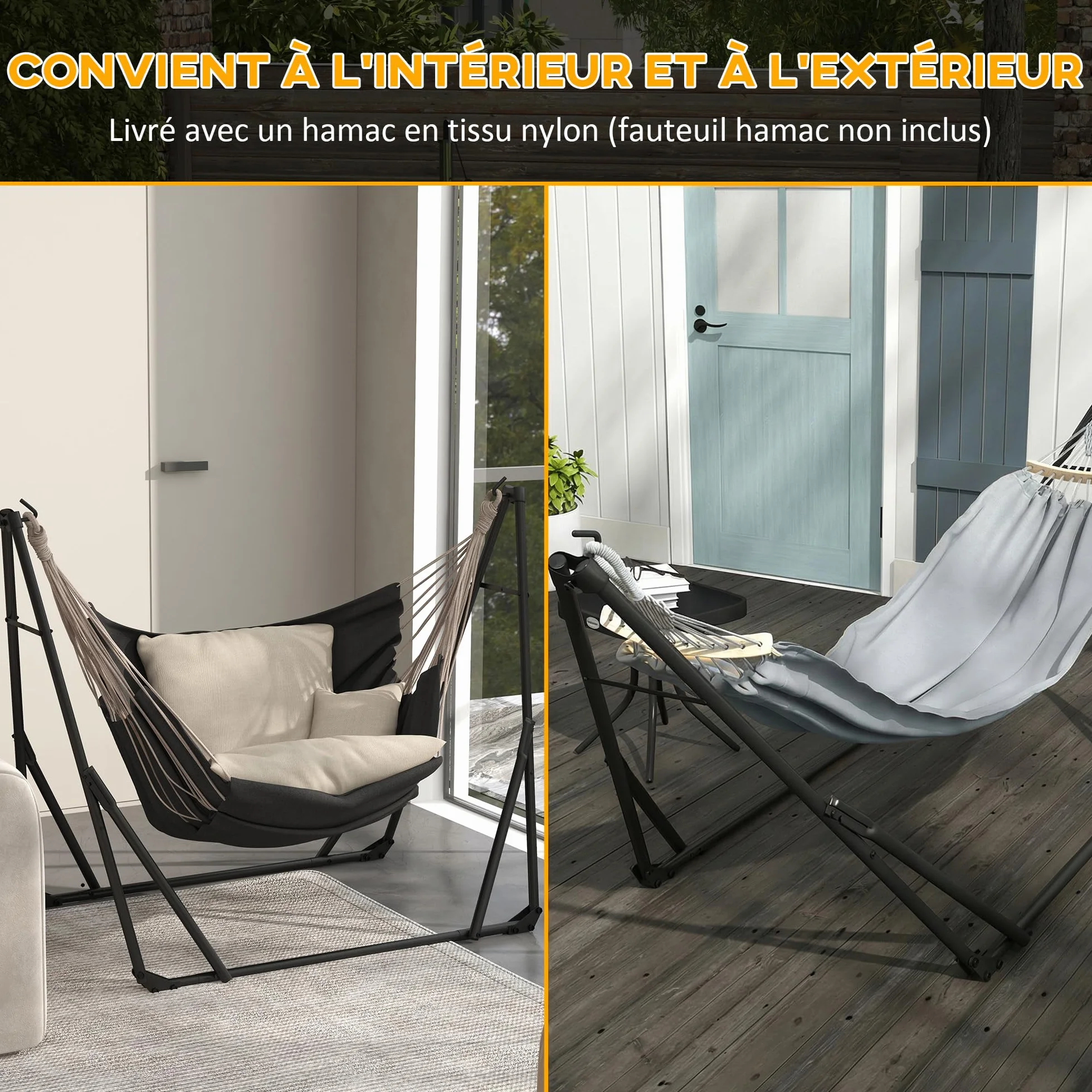 Outsunny Support Hamac Pliable Acier 2 en 1 Chaise Suspendue Sac Transport Inclus 268x89x100 cm Gris