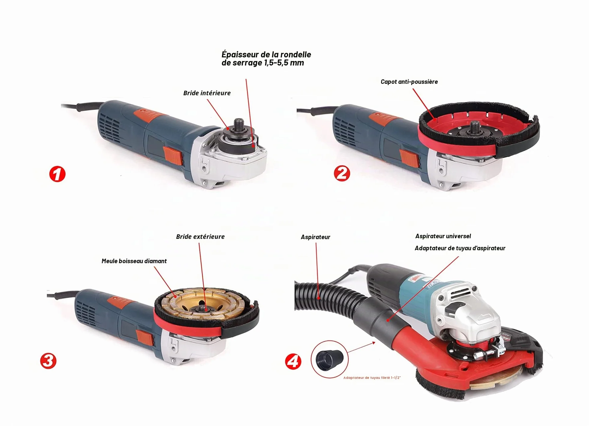 Aidelife Capot de Protection Meuleuse Angulaire 115/125mm avec Bague d'Adaptation et Connecteur d'Aspirateur + Disque Diamant Béton 125mm
