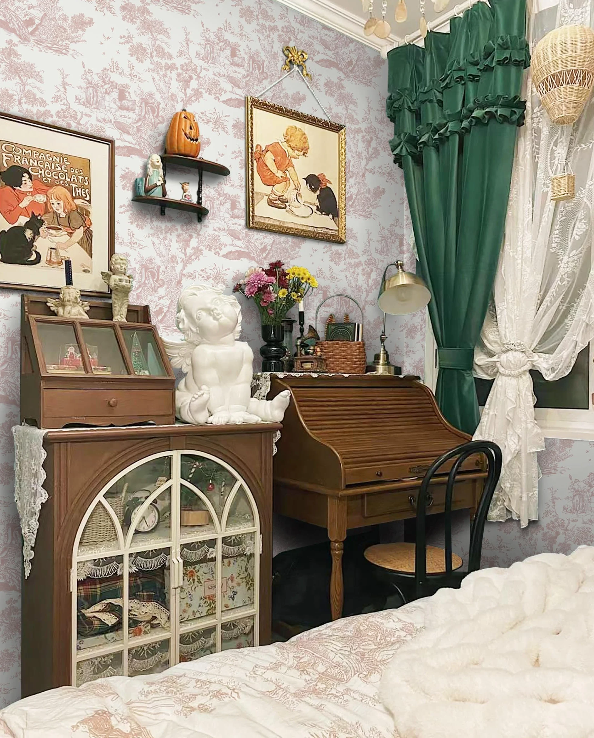 Papier Peint Autocollant Vintage 41 x 300 cm Vinyle Arbre Animaux Imperméable Rose Chambre