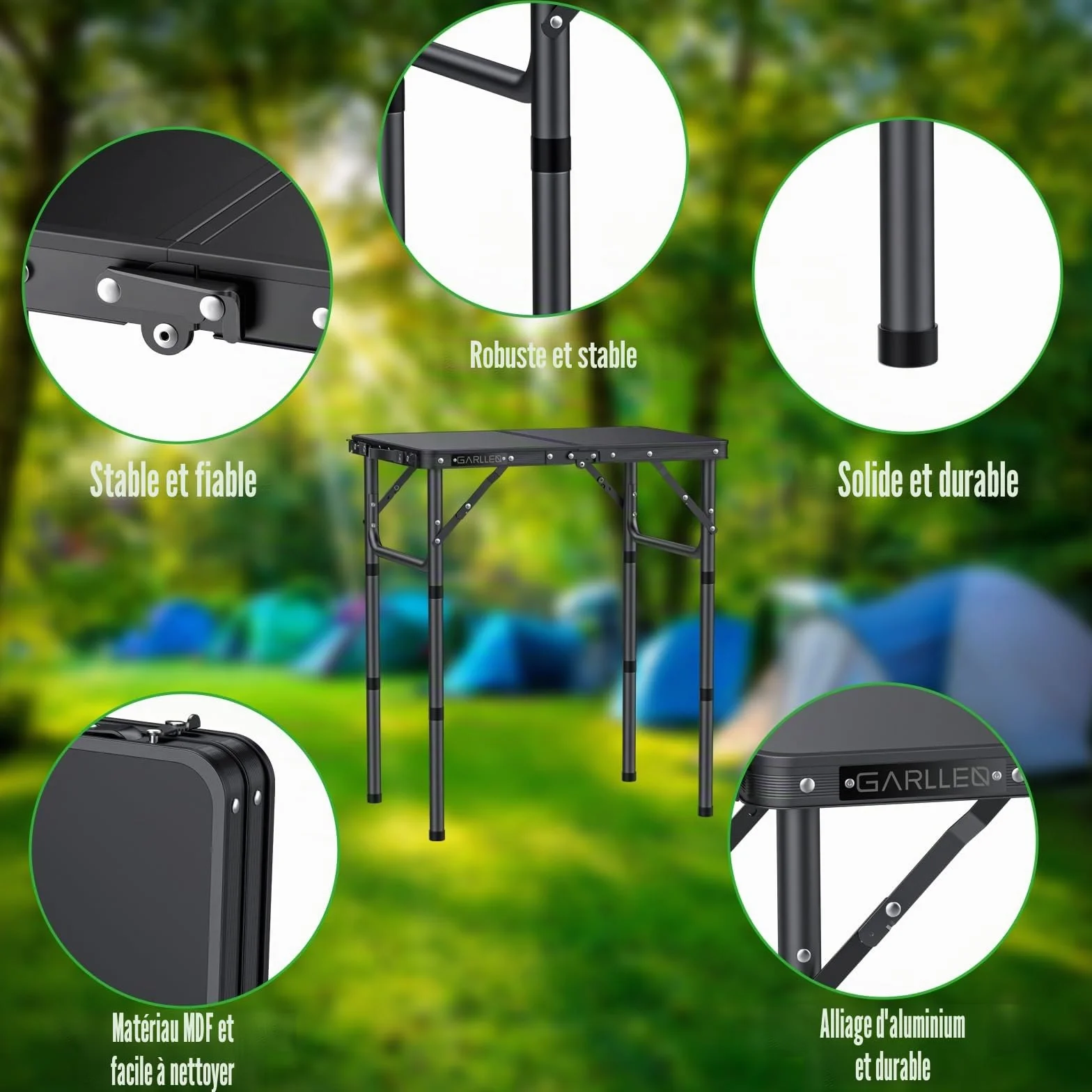 GARLLEN Table de Camping Pliante 58x40 cm 3 Hauteurs Réglables Noir