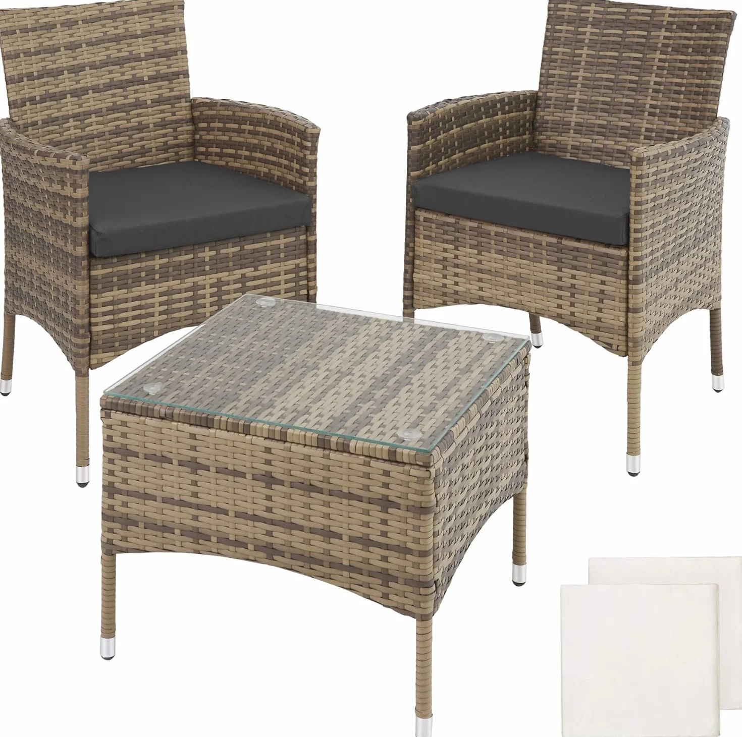 Ensemble Salon de Jardin Extérieur en Poly Rotin 2 Personnes Fauteuil Table avec Coussins Amovibles