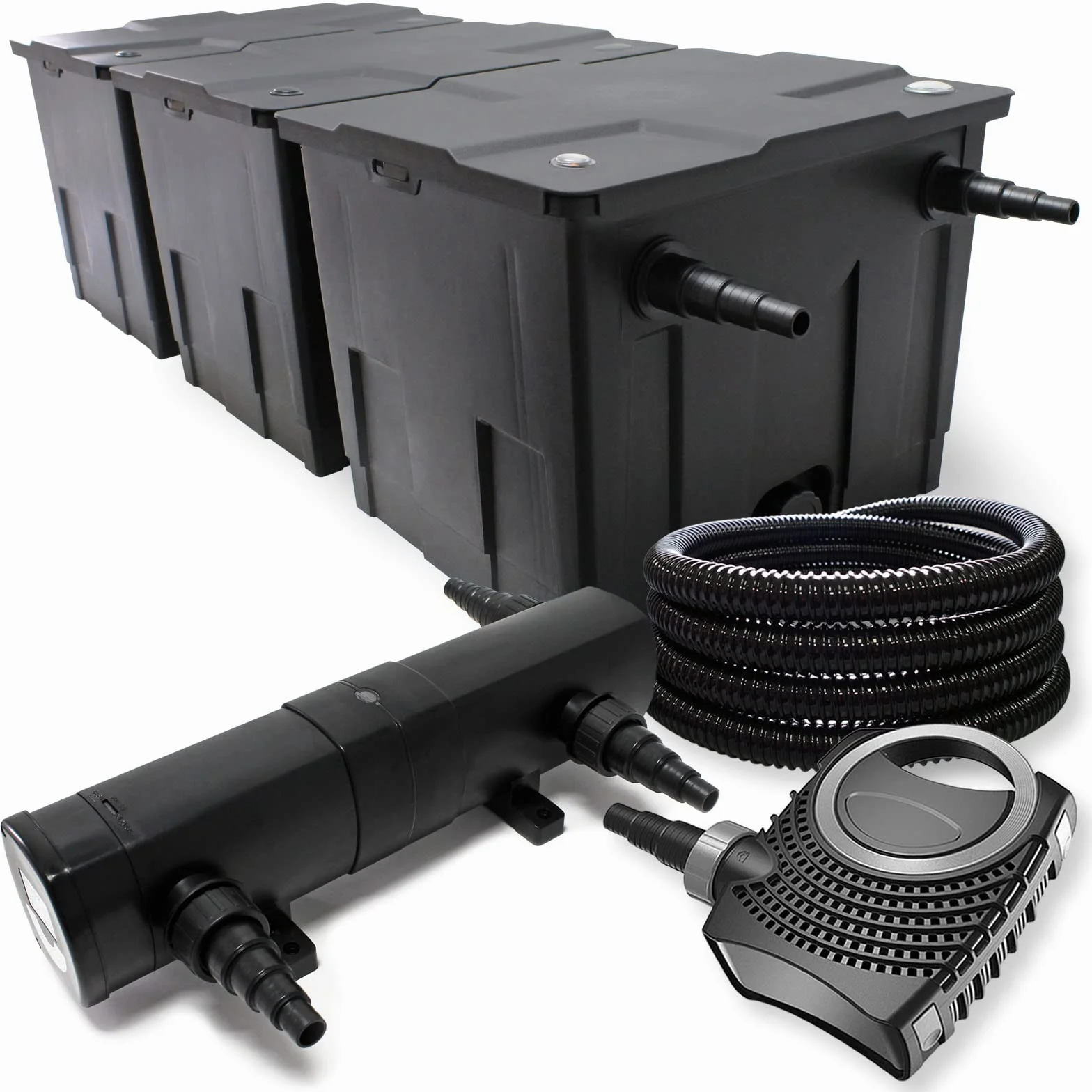 Wiltec Kit complet: CBF-350C Filtre de bassin jusqu'à 90000 L Biologique, NEO10000 SuperECO pompe de filtration 10000l/h 80W, CUV-224 lampe uv UVC Clarificateur avec 24W, 25m Tuyau 25 mm