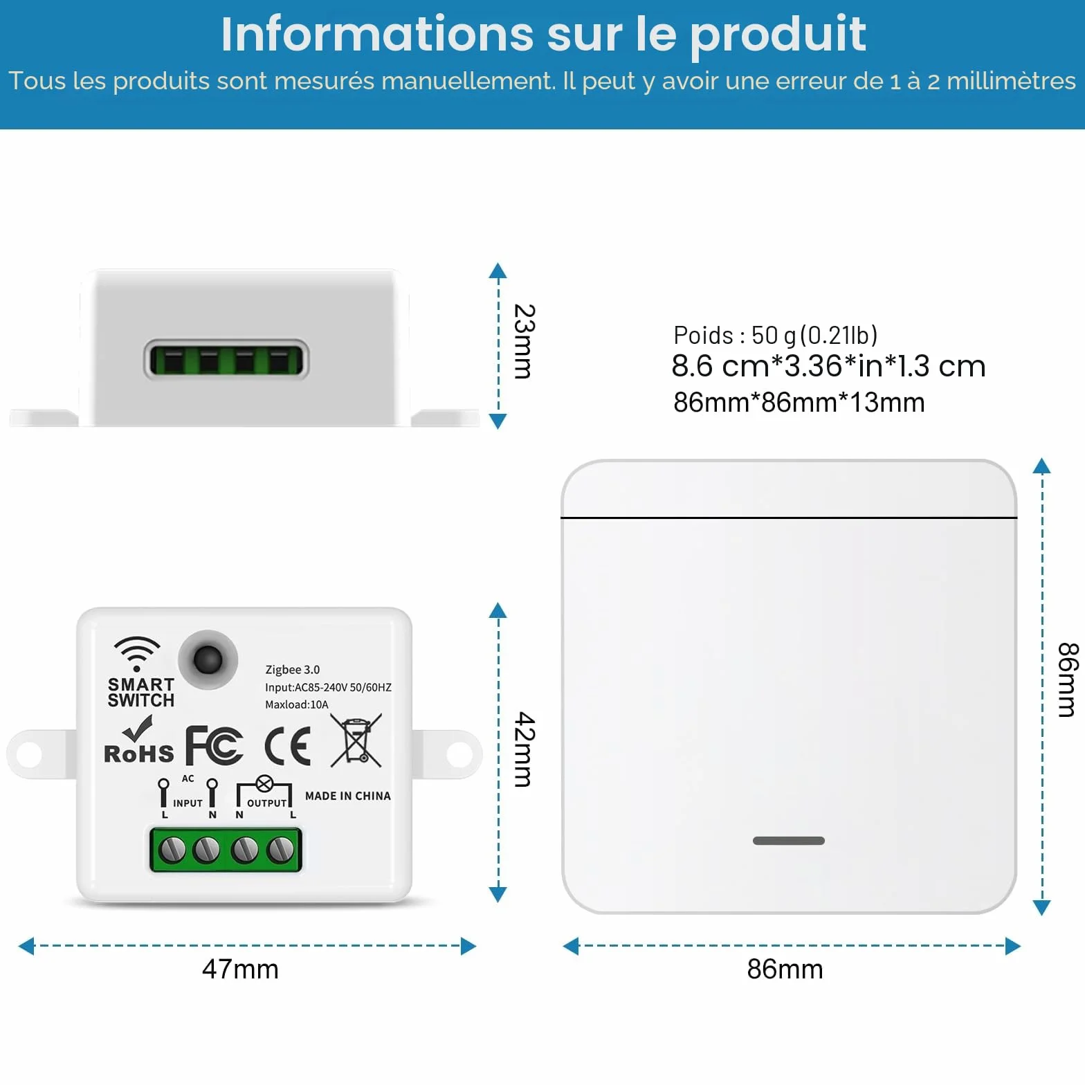 Interrupteur d'éclairage sans fil 10 A 1500 W avec récepteur de sécurité